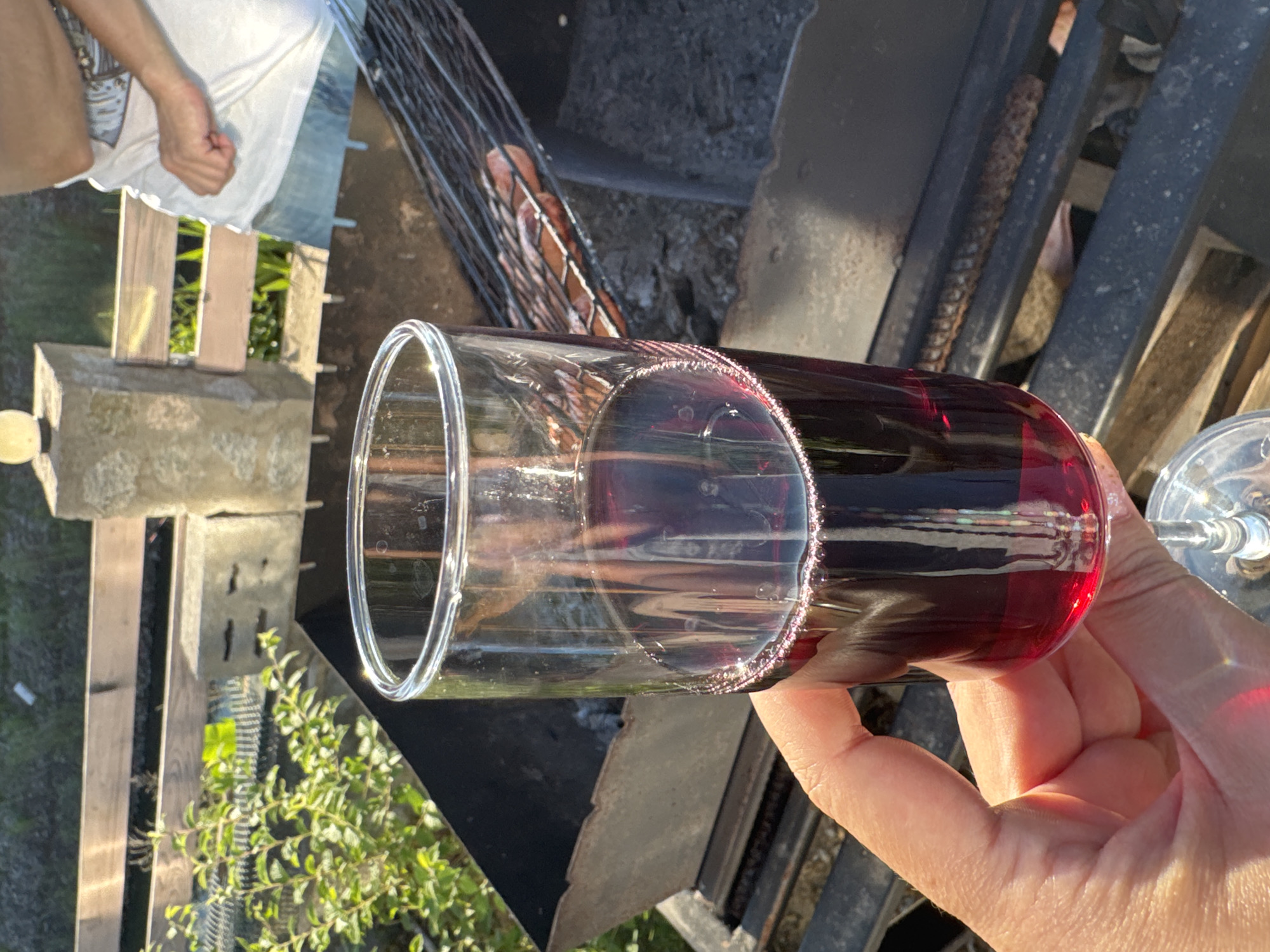 The image shows a close-up of a person's hand holding a glass of red wine. The glass is partially filled, and the wine is a deep red color. The background is blurred, but it appears to be an outdoor setting with some greenery and a barbecue grill visible. The lighting suggests it is daytime, possibly late afternoon, with sunlight creating highlights on the glass and wine. The scene conveys a relaxed and perhaps social atmosphere, typical of a barbecue or outdoor gathering. There is no visible text in the image. The provided location context "Мичуринское, Russia" suggests the setting might be a dacha or a rural area in Russia.