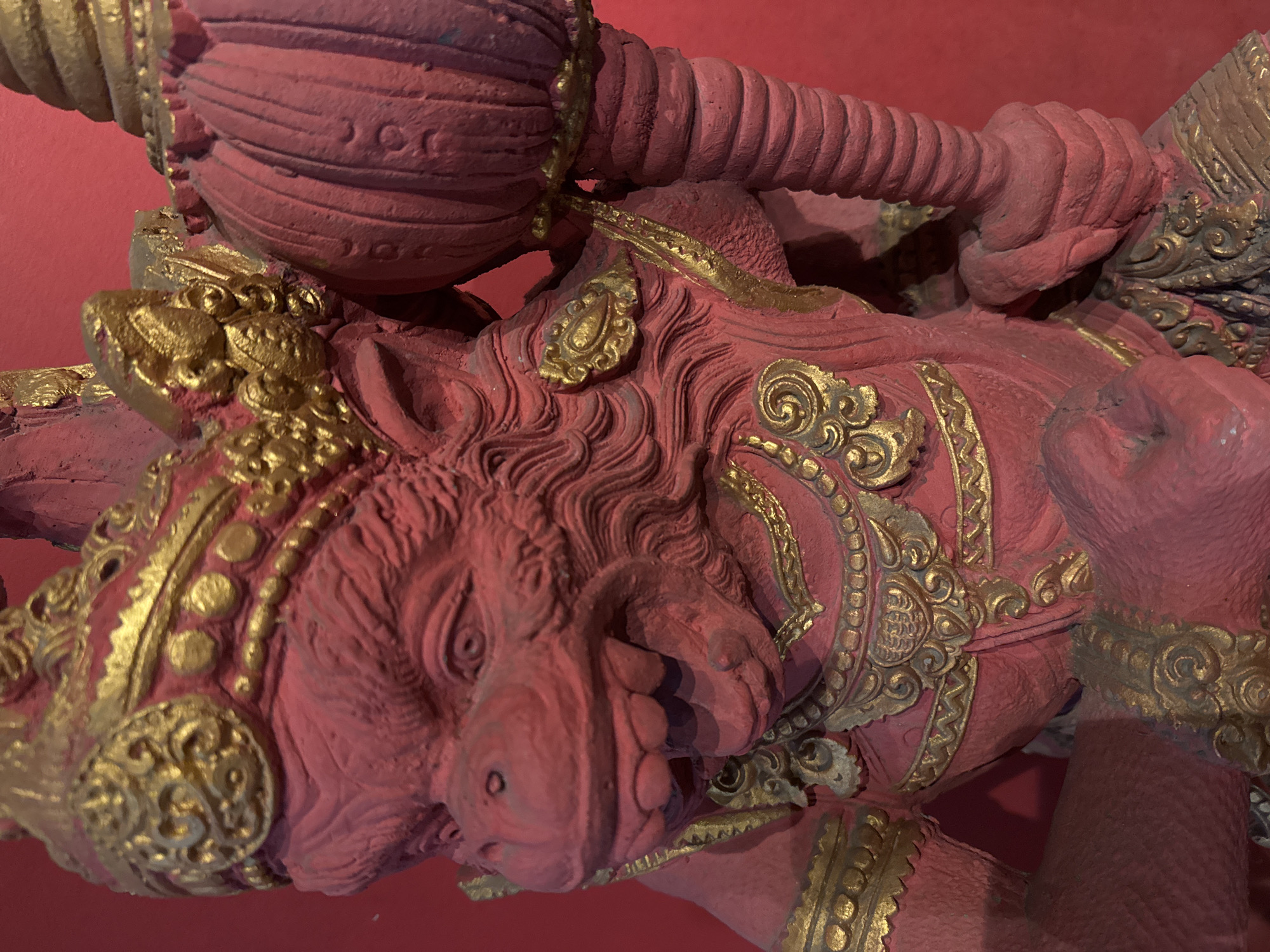 This is a close-up, overhead shot of a carved, pink statue with gold embellishments against a plain red background. The statue appears to be an artistic representation of a mythical creature or deity, possibly from Indonesian culture given the Kuta, Indonesia location context.
The subject is a portion of a larger statue, focusing on the head and upper body of a creature with a lion-like face, characterized by a mane depicted with swirling lines. The creature has prominent ears and a snout. It is adorned with intricate gold detailing, including decorative collars and bands around its neck and possibly chest area. These gold elements feature scrollwork and circular motifs.
The statue is sculpted with visible texture, suggesting it might be made of wood or a similar material, painted pink and then highlighted with gold. A portion of what appears to be a club or mace, also pink with ribbed detailing and a gold band, is visible in the upper left of the frame, held by the creature or part of its anatomy.
The lighting is direct, casting shadows that highlight the three-dimensional details of the carving. There is no visible text in the image. The overall impression is one of vibrant, ornate artistry, likely a decorative piece found in a temple, museum, or as part of a cultural display in Kuta.