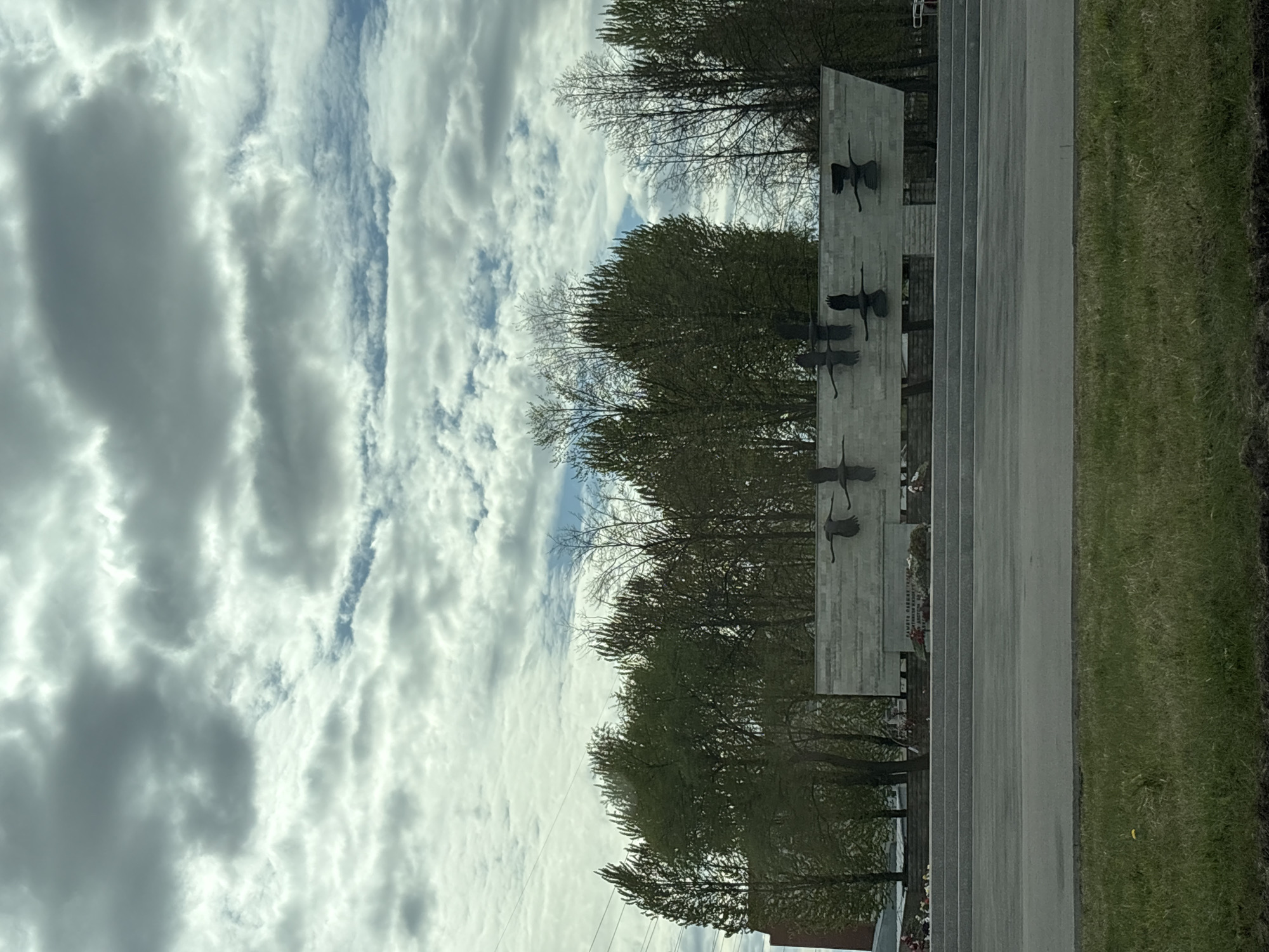 The image shows the Piskaryovskoye Memorial Cemetery in Saint Petersburg, Russia. A grey concrete memorial wall is visible with a series of stylized black crane silhouettes attached to it. In the background, there are trees with budding leaves. A grey pathway runs alongside the memorial. Adjacent to the pathway is a patch of green grass. The sky is filled with striated white and grey clouds.