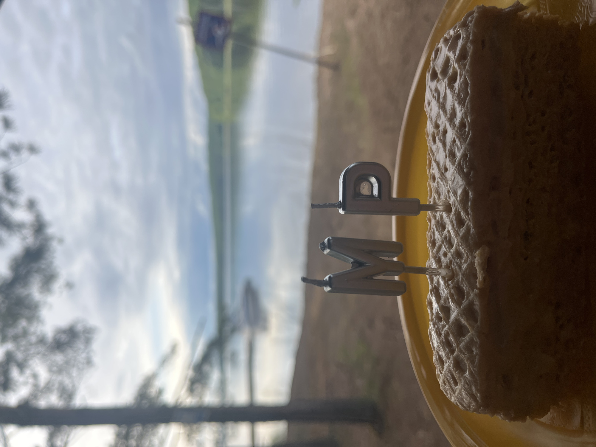 A cake with 'MP' candles sits on a yellow plate. The background shows a blurry scene of trees, water, and sky, possibly viewed through a window. The location is Unknown, Unknown.
