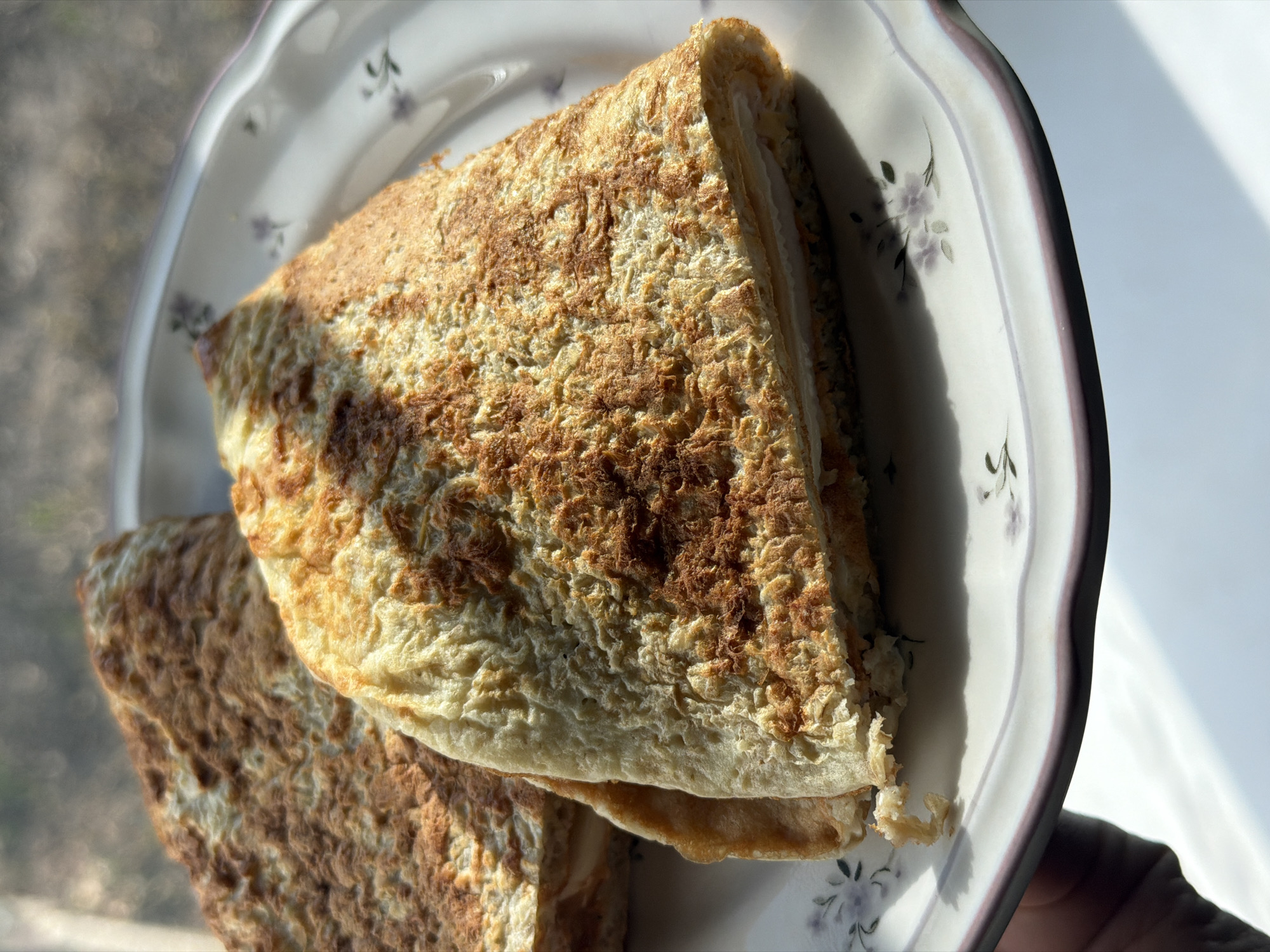 A close-up shot shows a folded omelet on a floral-patterned plate. The omelet has a textured, slightly browned surface. The plate has a scalloped edge and a purple rim. The setting is a brightly lit area, likely indoors near a window based on the light and shadow. The bottom left corner of the image shows what appears to be another piece of the omelet or similar food item. A part of hand holding the plate is visible at the bottom right corner. The location is unspecified in the given context.