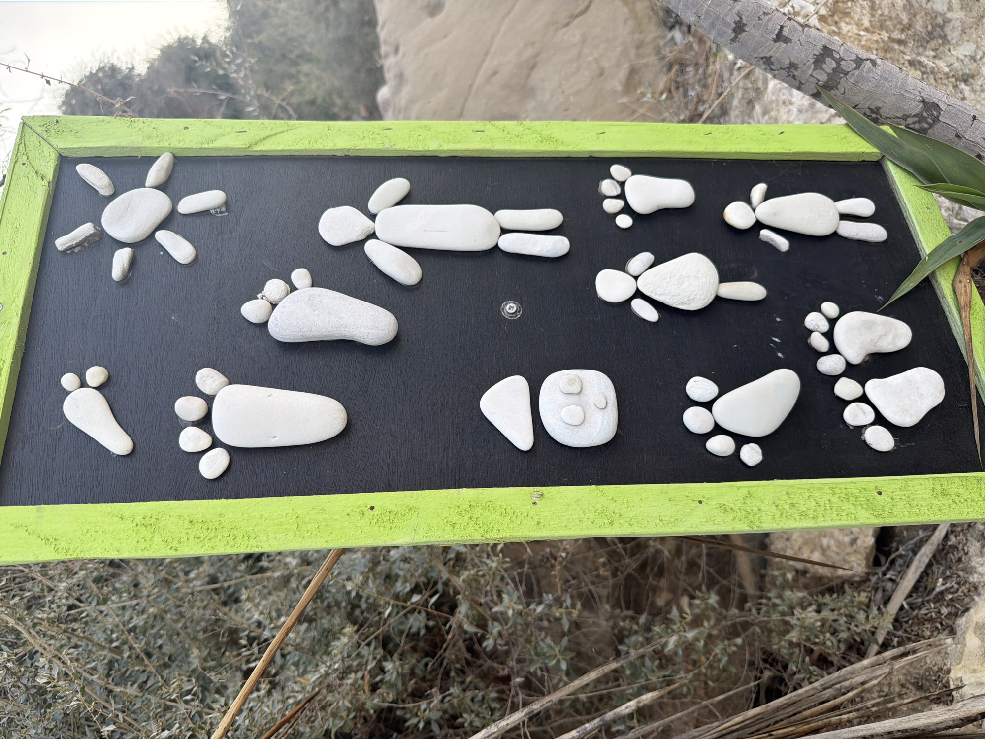 A vertical, black rectangular board with a vibrant green wooden frame is positioned outdoors, leaning against a rocky embankment. The board is adorned with various white pebbles arranged to resemble figures and shapes.
At the top left, a pebble arrangement depicts a simplified foot with three smaller pebbles for toes, adjacent to two separate small pebbles. To its right, a sun-like shape is formed by a central oval pebble surrounded by seven smaller, elongated pebbles. Below these, a large, stylized foot with four toe-like pebbles is displayed. To the right of this, a stick-figure person is created from white pebbles: a long oval for the body, a small oval for the head, and shorter ovals for arms and legs.
Further down, a pebble forms a triangular cap shape, with a rounded pebble below it featuring two small circles for eyes and a curved line for a mouth, resembling a simple face. To the right of this, another stick-figure person, this one appearing more feminine with a triangular body and two smaller circles for arms, is depicted. Adjacent to this figure, a smaller stylized foot with four toe-like pebbles is placed.
In the lower section, two more stylized feet, each with four toe-like pebbles, are arranged side-by-side. To their right, another, smaller stick-figure person with a simple oval body and arms and legs made of pebbles stands.
The background consists of dry, greyish-green shrubbery to the left of the board and a sandy, rocky area to the right, suggesting a natural, possibly coastal environment. The lighting indicates it is daytime. The overall scene appears to be a decorative display, possibly at a walkway or entrance in Meneou, Cyprus.
