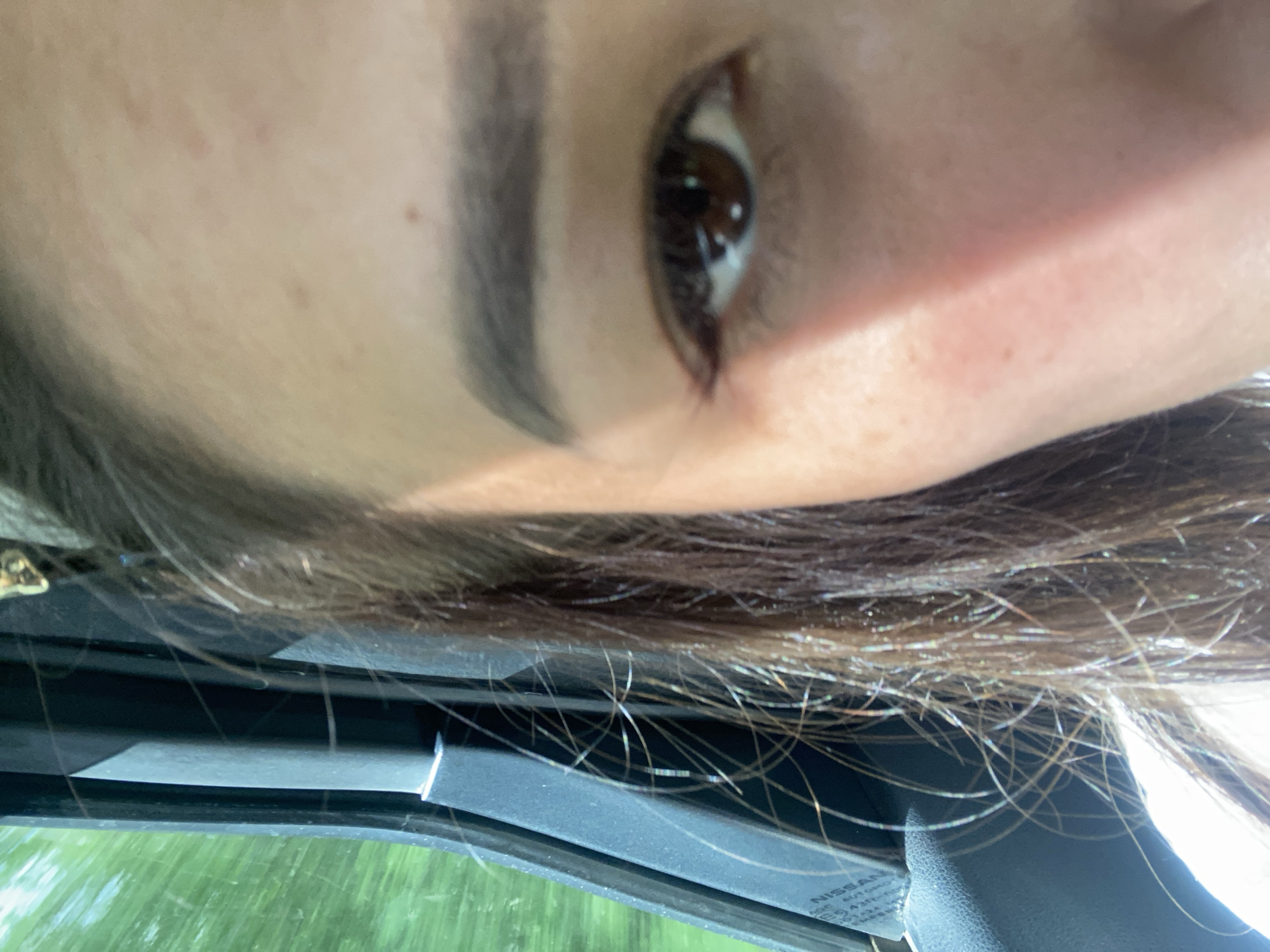 A close-up, waist-up, eye-level shot captures the right side of a person's face and shoulder, viewed from the perspective of someone sitting in a vehicle. The person, whose gender is not definitively ascertainable but appears to be female, has dark hair that is partially visible on the left side of the frame, with fine strands catching the light. The individual's right eye is the focal point, with a dark brown iris and visible eyelashes. The skin tone is fair, with some reddish flush on the cheek and a few small blemishes visible on the forehead. A shadow crosses the face from the right, highlighting the cheekbone and the bridge of the nose.
The background suggests the person is inside a vehicle, evidenced by the black car interior framing the left side of the image, including a portion of a window with a faint "NISSAN" logo visible. Outside the window, a blurred green landscape indicates movement, suggesting the vehicle is in transit. The overall lighting is bright, likely from sunlight. The image does not contain information to determine the location in the city of Tyulyugul, Russia.