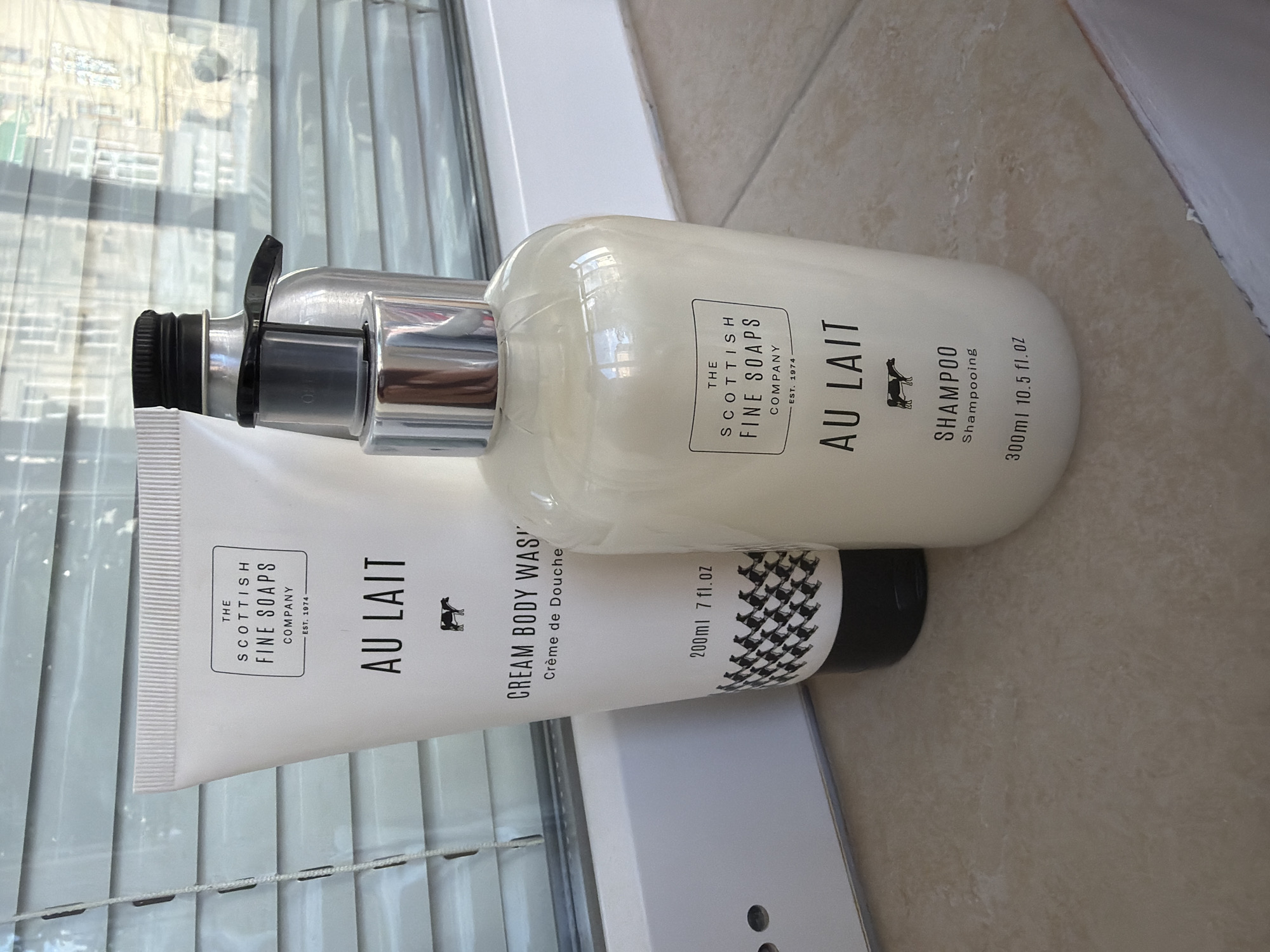 In Pazardzhik, Bulgaria, on a beige tiled surface, two bottles of "The Scottish Fine Soaps Company Au Lait" products are positioned near a window with horizontal blinds. The bottle on the left is a white tube of "Cream Body Wash" with black text and a cow graphic. The bottle on the right is a pump bottle containing a white liquid, labeled as "Shampoo" with similar branding and a cow graphic. The background consists of window blinds reflecting a building, suggesting an indoor setting.