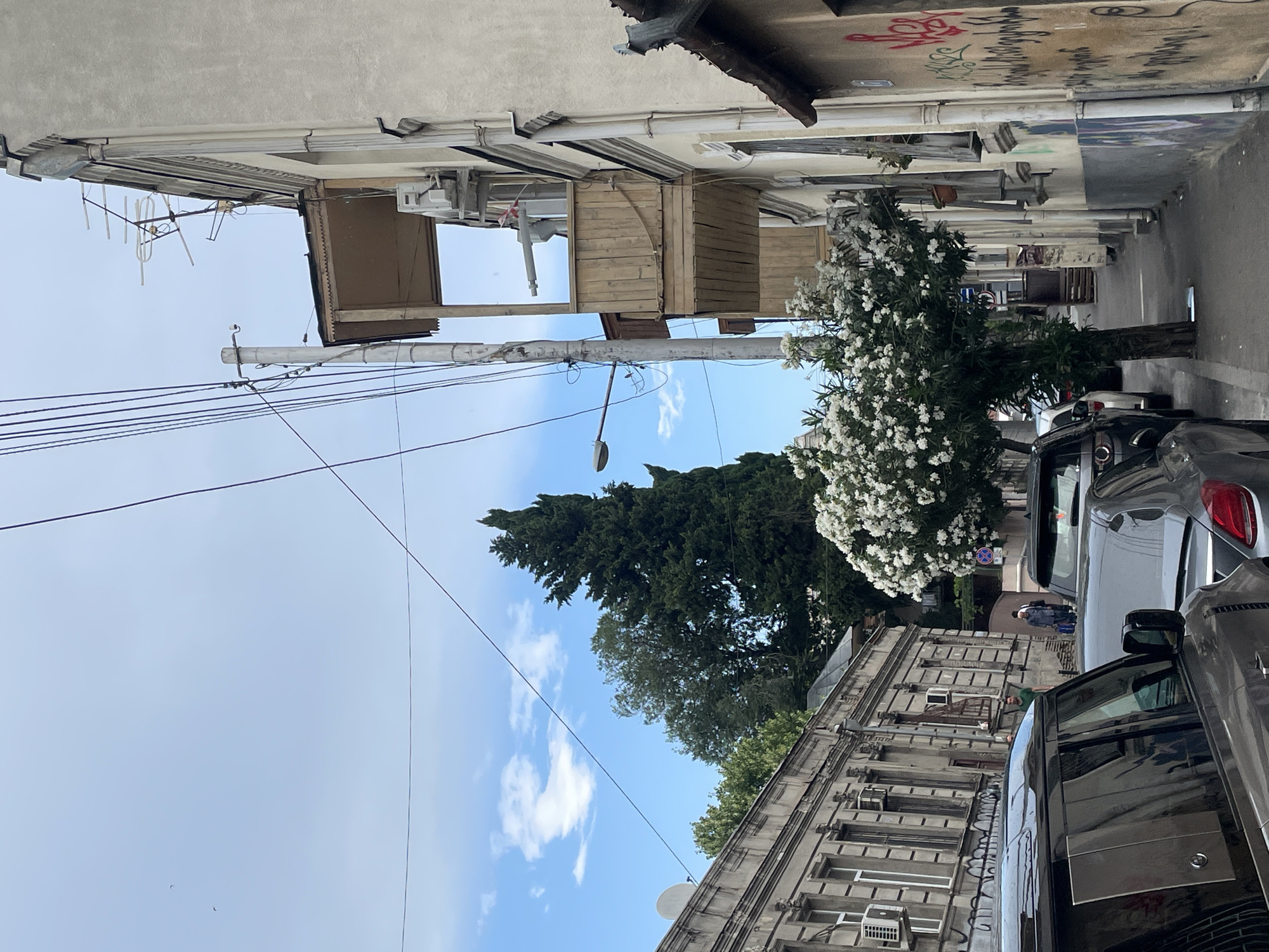 The image captures a street scene in Tbilisi, Georgia, likely in the Old Town, characterized by its narrow cobblestone streets, historic architecture, and overhead utility wires. On the right side of the street, a light-colored building features a wooden balcony with air conditioning units and an old television antenna on the roof. The building's facade is adorned with graffiti. Adjacent to it, another building with a more ornate, classical facade and visible air conditioning units is visible. On the left, a row of older buildings with similar architectural styles lines the street, also showing signs of air conditioning installations. Several cars are parked along the street, including a dark-colored SUV in the foreground. A flowering tree with white blossoms stands prominently in the middle of the scene, adding a touch of nature to the urban environment. In the background, several individuals are walking, one carrying bags. Tall, dark green cypress trees and other deciduous trees provide a backdrop of lush greenery. The sky is partly cloudy with blue patches.