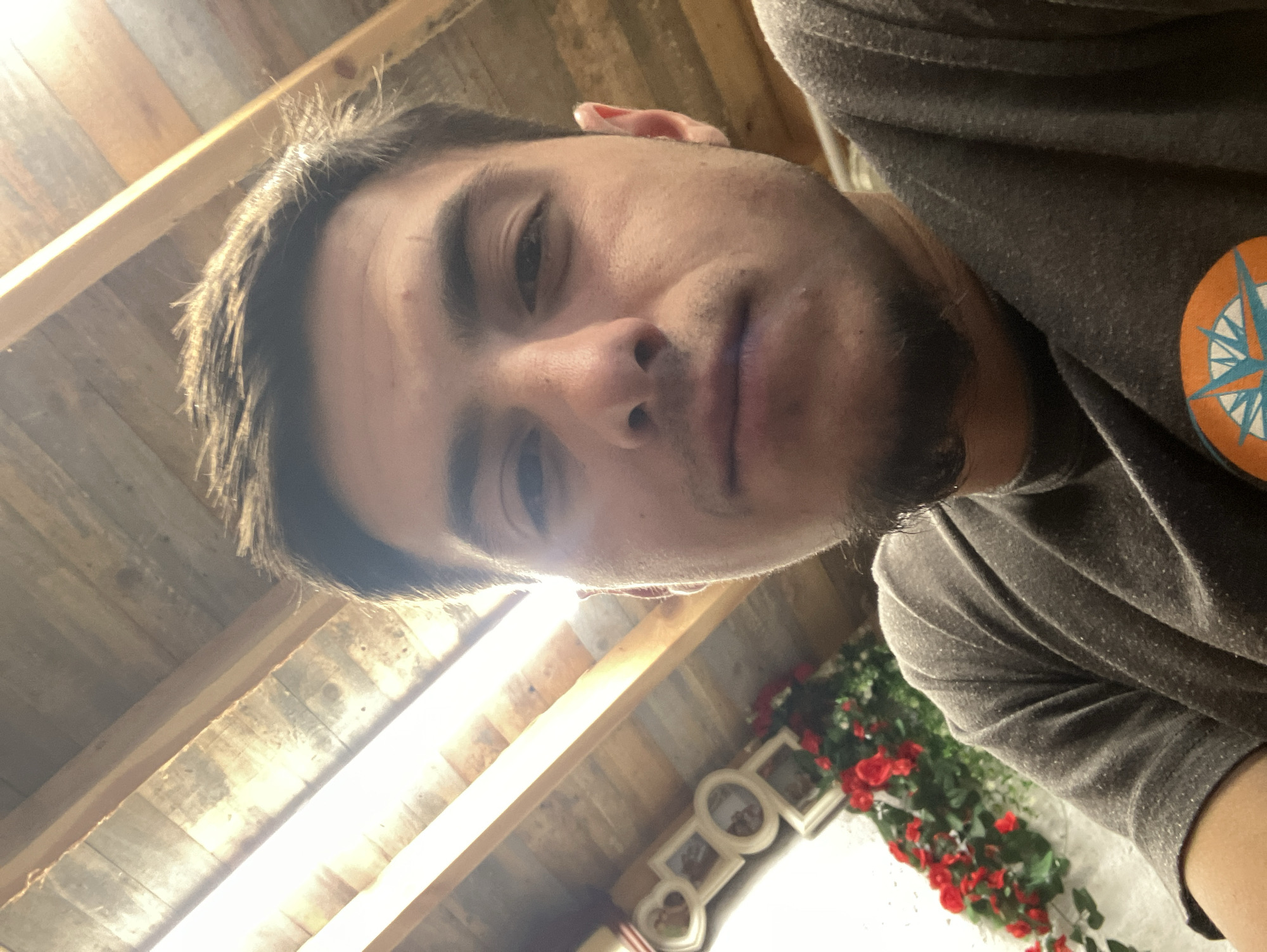 A selfie-style image of a person with dark hair and a beard, wearing a gray t-shirt with an orange and blue compass logo on the shoulder. The background shows a wooden ceiling structure with light filtering through. Below the person, in the background, is a wall decorated with white picture frames and what appears to be an artificial garland with red roses. The location is unknown.