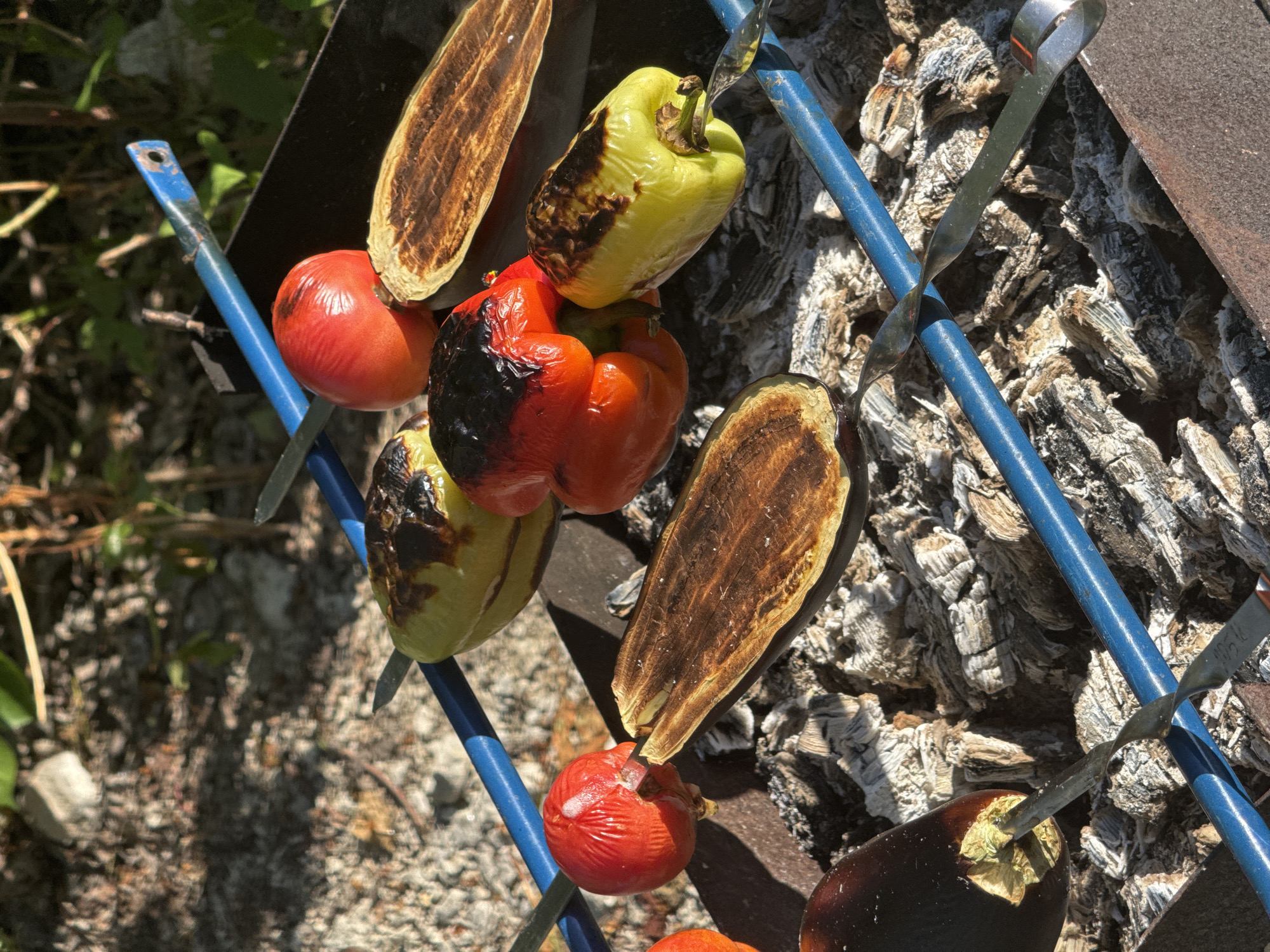 The image shows vegetables being cooked on skewers over a charcoal grill. The vegetables include tomatoes, bell peppers, and eggplant. The skewers are blue and silver. The charcoal is gray and white. The background is out of focus, but appears to be an outdoor area with greenery and a stone surface. Based on the prompt, this is in городское поселение Щелкино, Ukraine.