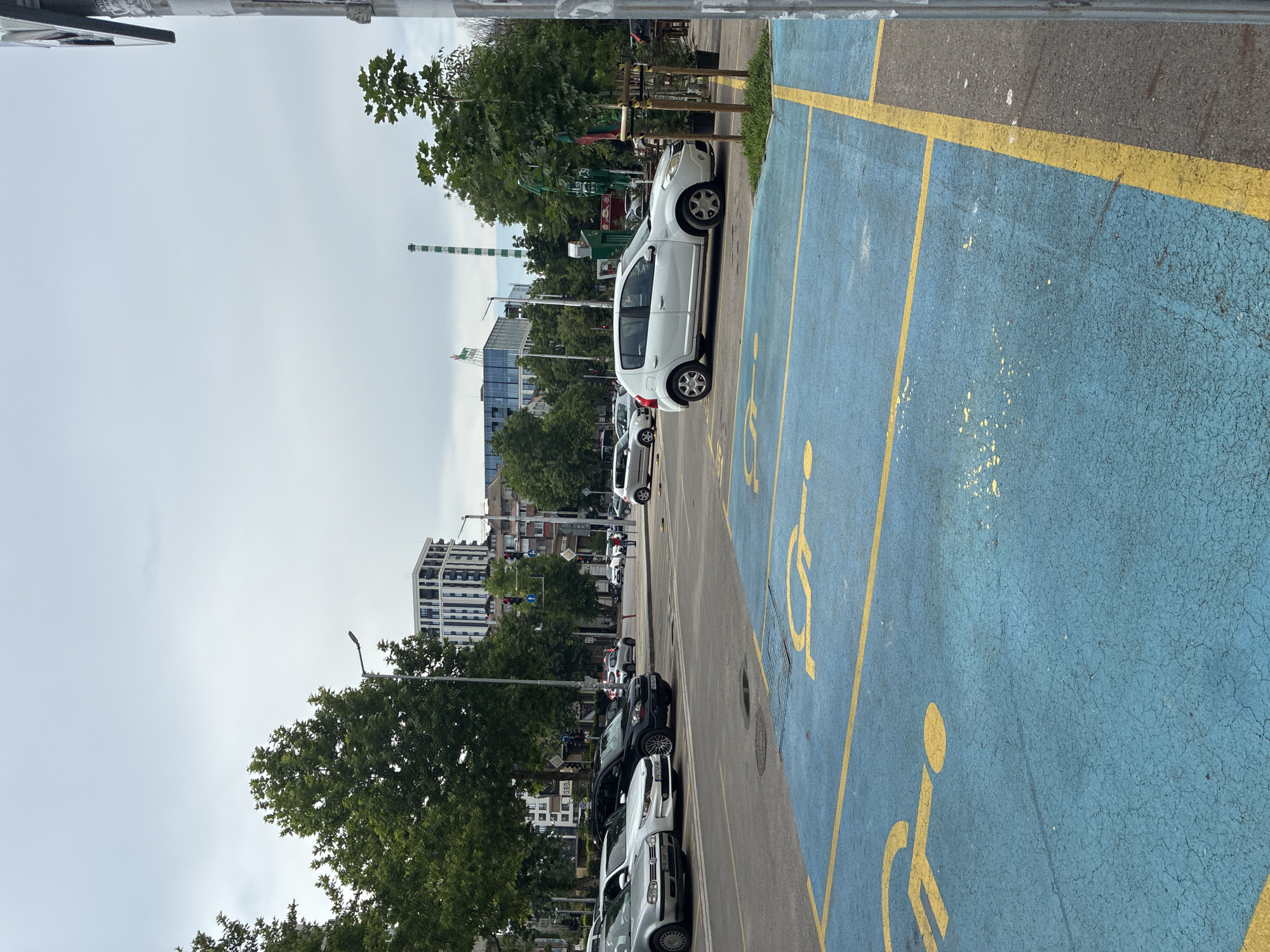 The image depicts an urban street scene in Plovdiv, Bulgaria, under an overcast sky during daytime. The perspective looks down a street lined with buildings, trees, and parked cars, with a specialized parking area in the foreground.
In the immediate foreground on the right, a distinctive parking lot section features a vibrant blue asphalt surface marked with bright yellow lines and multiple international symbols for handicapped parking. The blue surface appears worn and cracked in places.
Adjacent to this blue parking area, a street stretches into the distance, with numerous vehicles parked along its length. A white Dacia Sandero (or a similar compact car) is prominently parked on the right side of the street closest to the viewer. Further down, a variety of cars, including silver, black, and white models, are visible. The street is bordered by lush green deciduous trees, adding a natural element to the urban landscape.
In the mid-ground and background, a diverse array of buildings can be seen, ranging from modern structures with glass facades to older, more traditional buildings. A tall building under construction, complete with a visible crane, is prominent. In the distant background, a distinctive green and white striped chimney or tower rises, possibly indicating an industrial or utility site. Traffic lights showing a red signal are visible further down the street, and a few pedestrians can be discerned in the distance, navigating the urban environment. The weather is uniformly cloudy, suggesting a cool or mild day. No discernible text is clearly visible on any signs or buildings.