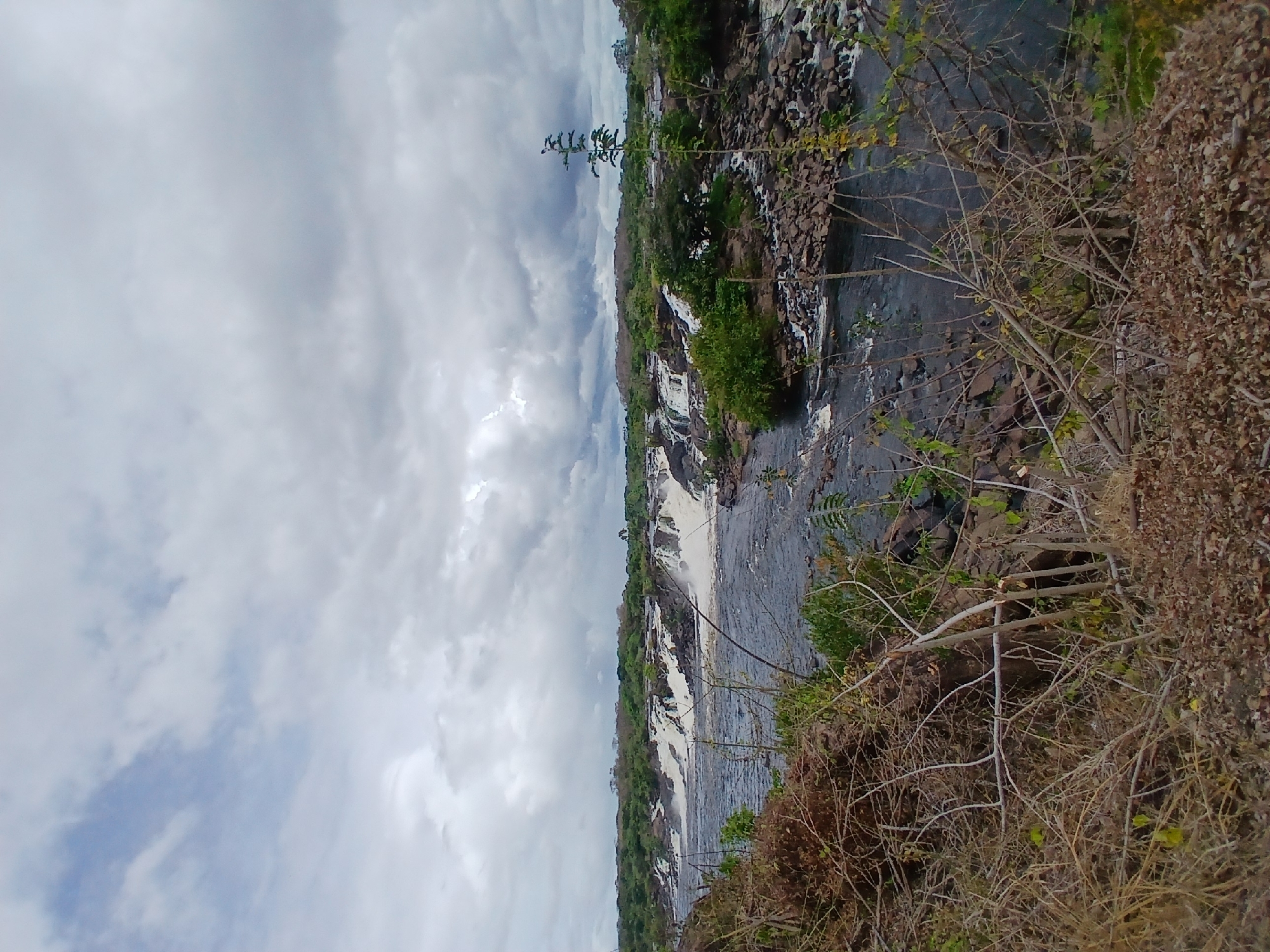 The image depicts a waterfall cascading down a rocky riverbed, as viewed from an elevated vantage point. The sky is overcast with heavy clouds. Lush green vegetation lines the riverbanks. In the foreground, there is dry vegetation obscuring the view to some extent. Based on the location provided (Ciudad Guayana, Venezuela), this is likely a view of Llovizna Falls in Llovizna Park.