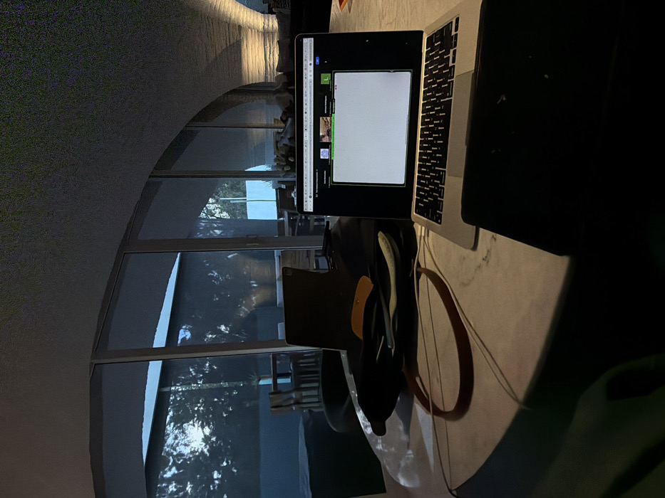 A laptop rests on a table near a window. The screen displays a virtual meeting, possibly on Zoom. A headset is also on the table. Outside the window, foliage is visible in daylight, while inside, the room is dim with artificial lighting. The scene suggests someone working or attending a meeting from home.