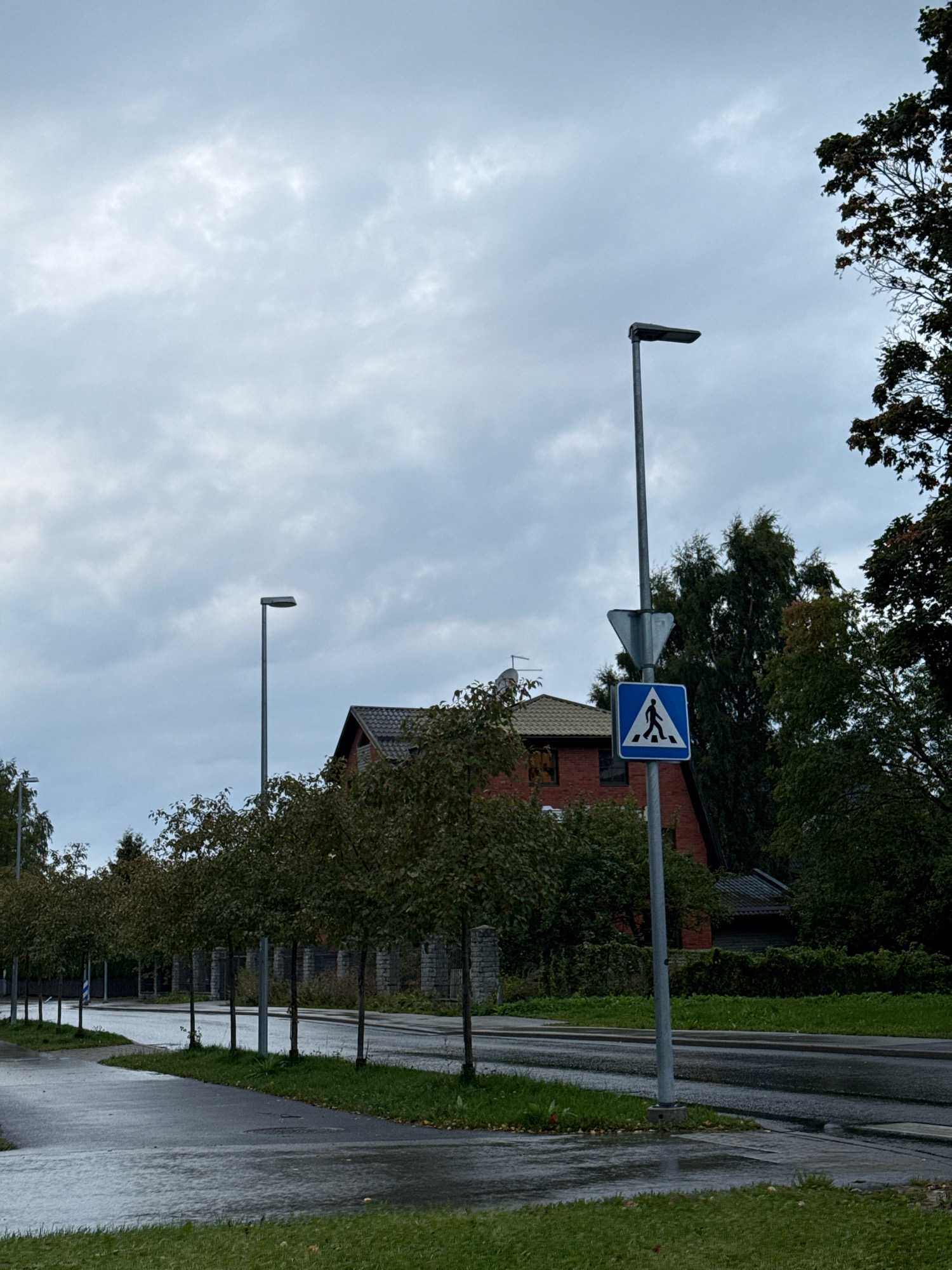 This image captures a street scene in Tallinn, Estonia on a cloudy day. A pedestrian crossing sign, featuring a white pedestrian silhouette on a blue background within a white triangle, is prominently displayed on a lamppost. The street is wet, indicating recent rain, and lined with young trees. In the background, a brick house with a dark roof and trees are visible. The sky is overcast with dense clouds.