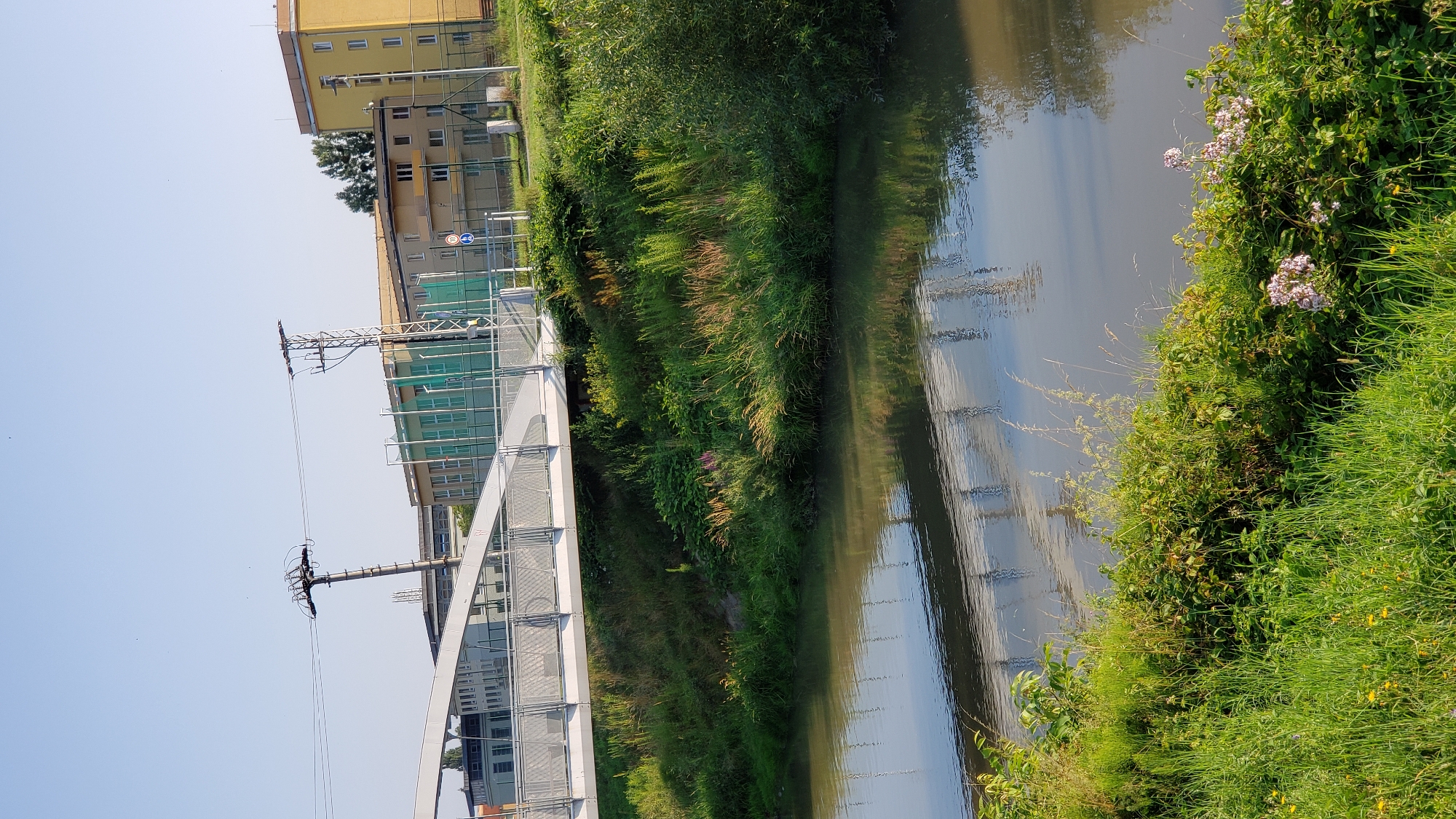 A wide, modern pedestrian bridge with a white metal structure spans a calm, brownish river. The bridge's railing is made of silver metal mesh. The riverbanks are covered in lush, green grass and various wild plants. In the background, a cluster of urban buildings is visible, including a yellow, multi-story structure and several other buildings with green mesh coverings. Utility poles with electrical wires are also present in the background. The sky is clear and blue. The scene appears to be a daytime view of a waterfront area within the city of Prešov, Slovakia.