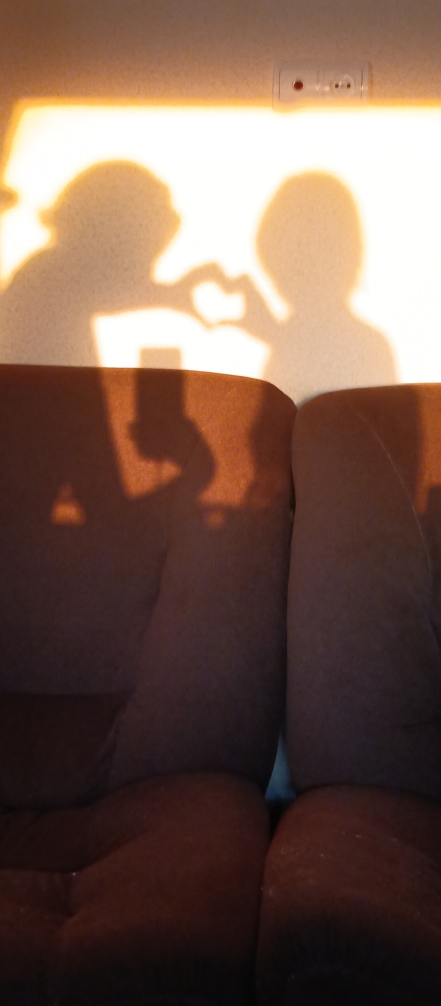 A photograph of a portion of a brown couch situated below the shadow of two people standing and forming the shape of a heart using their hands. The shadows are projected onto a light-colored wall. A white electrical outlet is affixed to the wall. The location is Unknown, Unknown.