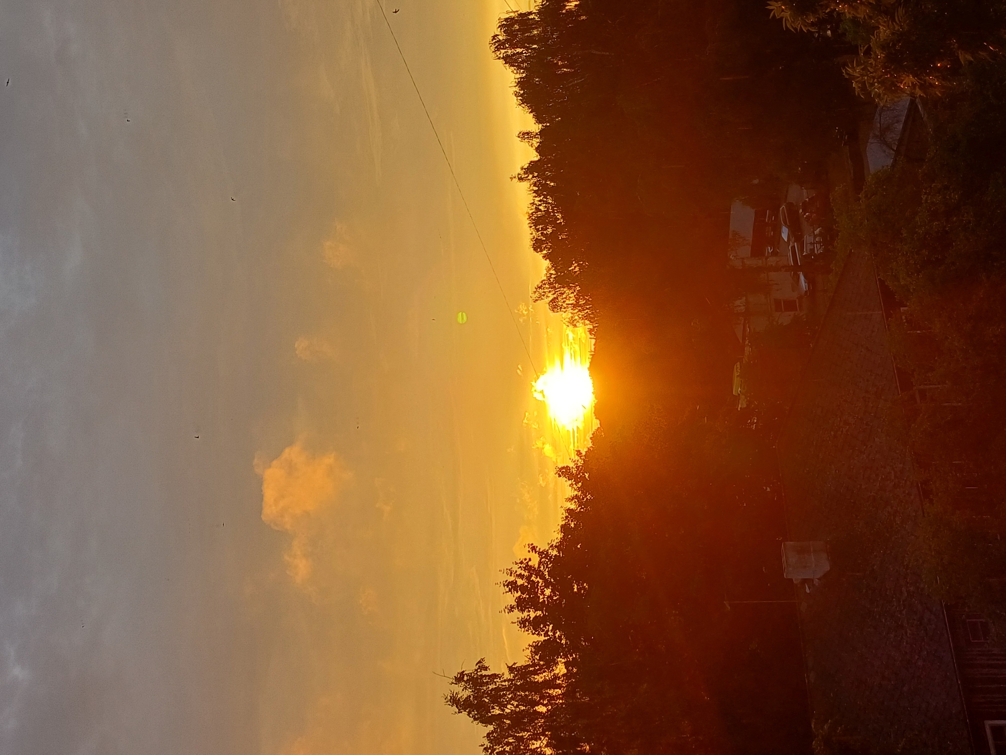 This is a photograph taken from an elevated viewpoint, likely a balcony or upper floor of a building, looking towards a sunset over a residential area. The sun is low on the horizon, casting a warm, golden-orange glow across the sky. Silhouetted trees form a dense line across the mid-ground, with the tops of buildings and rooftops visible beneath them. Several birds are visible in the sky. The scene depicts a suburban or semi-rural setting within Riga, Latvia, characterized by houses with dark-tiled roofs, some with chimneys, and parked vehicles in driveways. The overall impression is one of a peaceful, ordinary evening.