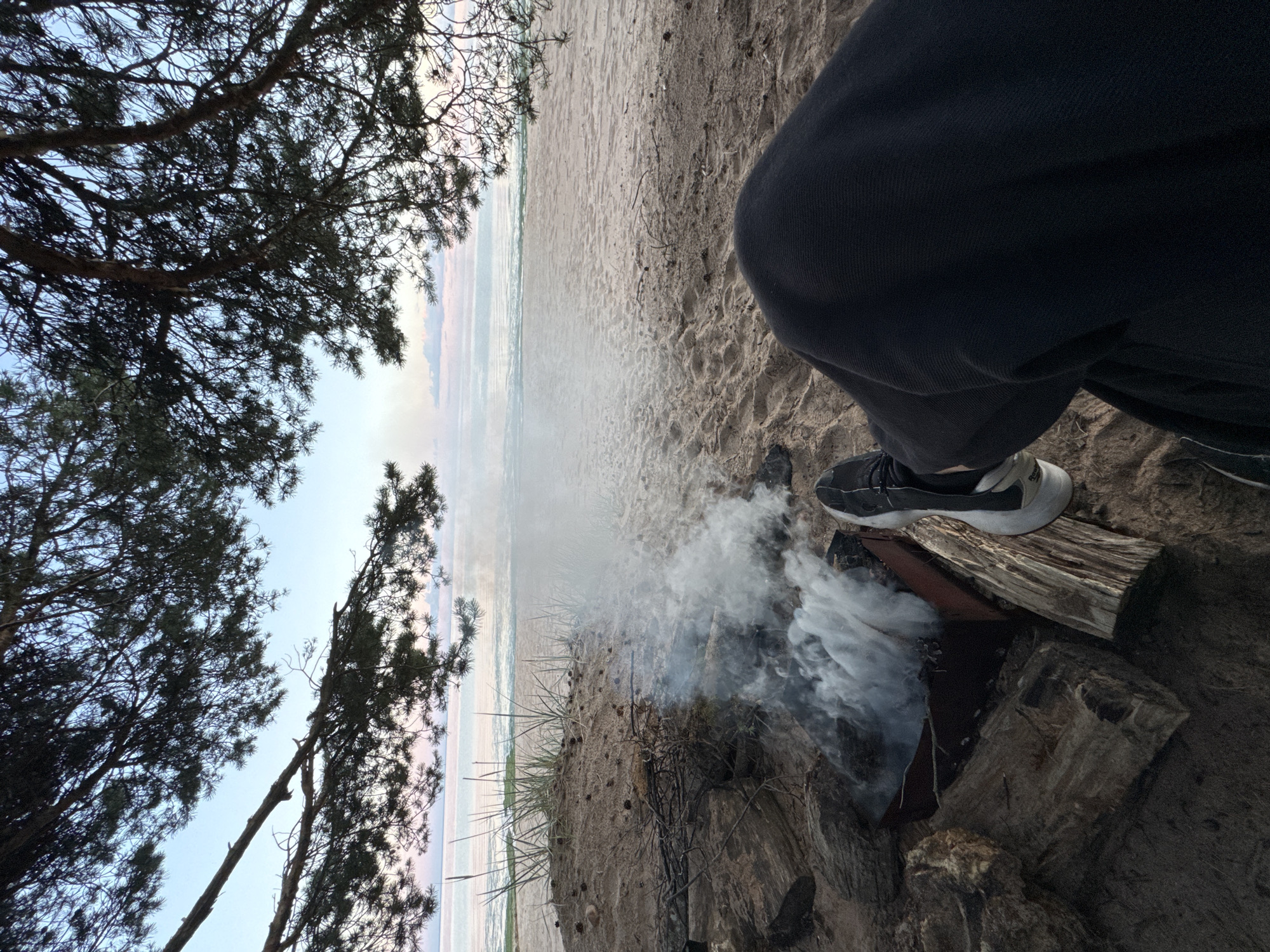A person is sitting on a sandy beach in Peski, Russia, next to a small campfire. The camera is positioned at an angle, capturing a close-up of the person's legs and feet, clad in dark pants and sneakers. The campfire is actively burning, with smoke rising and dissipating into the air. Several pieces of firewood are arranged around the fire.
The background reveals a wide expanse of sandy beach leading to the calm sea. The water appears tranquil, with faint colors in the distance suggesting either the horizon or possibly a coastline. Pine trees with dark green needles are visible on the left side of the frame, their branches extending towards the sky. The sky is a pale blue, indicating it might be early morning or late afternoon. The overall atmosphere is peaceful and serene, evoking a sense of relaxation and connection with nature. There is no visible text in the image.