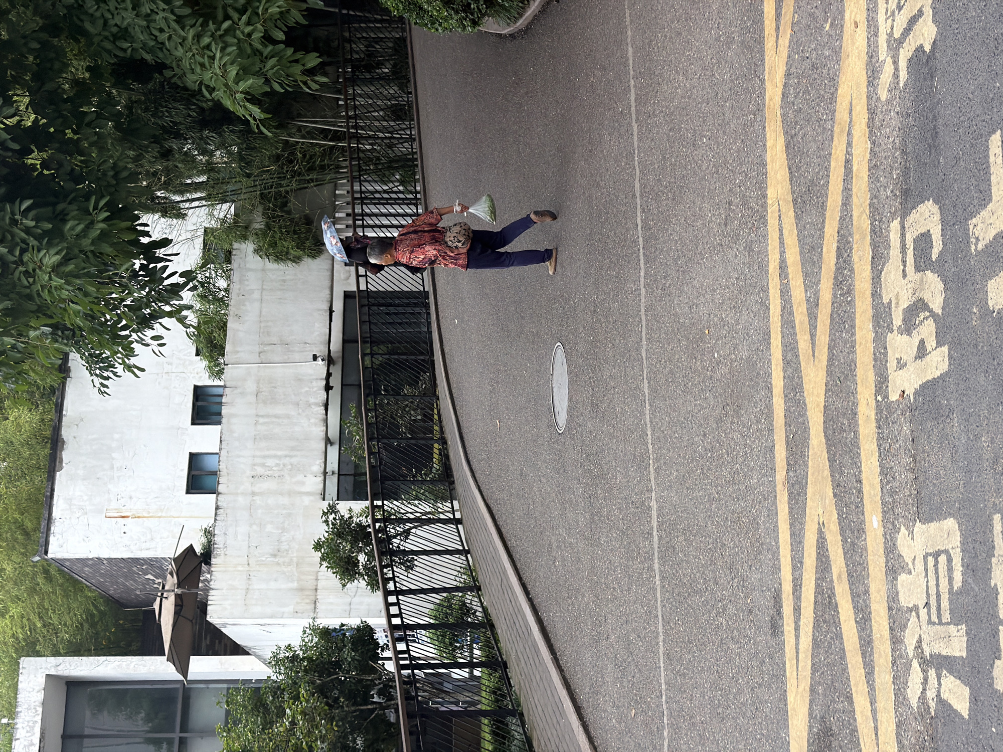 An elderly person walks along a paved street in Chongqing High-tech Zone, China. The person wears a patterned shirt, dark pants, and carries a bag with green contents. They also hold an umbrella. A white building with dark windows and a black fence are visible to the left, as are trees and greenery. Yellow road markings and Chinese characters are painted on the street to the right.