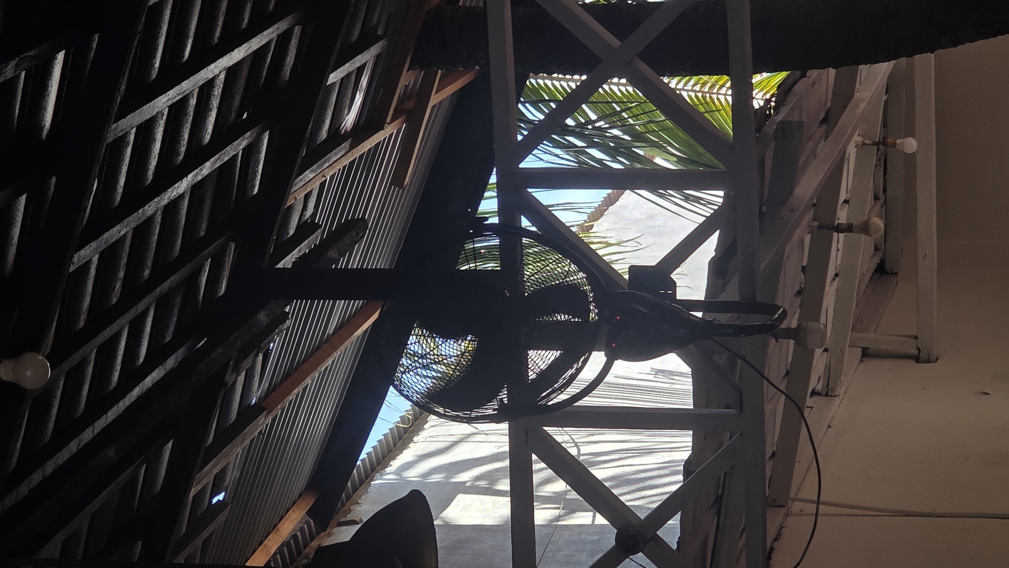 The image depicts a seemingly indoor space in Lhokseumawe, Indonesia. The vantage point is angled upwards, looking through a framework of wooden beams and support structures. A ceiling fan, partially obscured, is centrally positioned within the frame.
To the left, the wooden support structure is darker, potentially indicating shadows or a different finish. A corrugated metal roof can be seen through openings in the wooden structure.
To the right, the beams are lighter in color, appearing to be painted white. Three exposed lightbulbs are visible, attached to the structure.
Outside of the structure, palm fronds are visible against a bright sky. This suggests the space is partially open to the elements. The lighting overall is a mix of shadow and daylight, indicating an open or partially covered space.