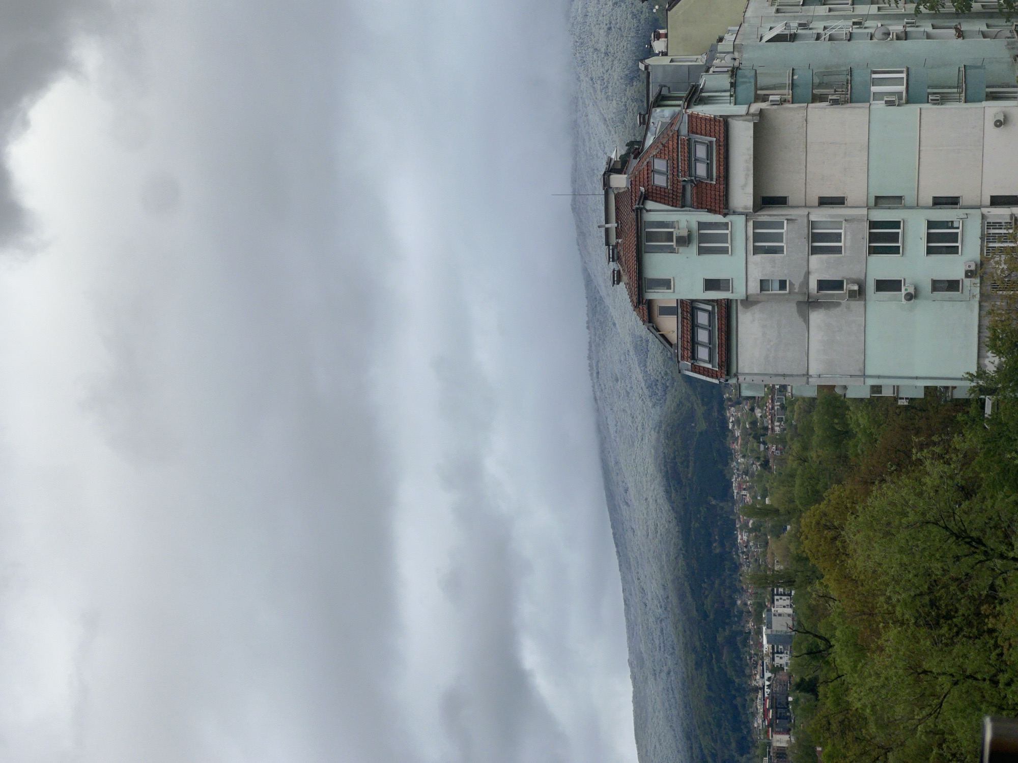 The image captures a panoramic view of an urban landscape set against a mountainous backdrop under an overcast sky. The perspective appears to be from an elevated position, looking across a valley or hillside.
In the foreground and to the right, several multi-story buildings are prominently featured. These structures exhibit a mix of architectural styles, with some featuring traditional red-tiled roofs and attic windows, while others have flatter designs and facades in shades of light blue, grey, and off-white. Numerous rectangular windows and exterior air conditioning units are visible on the building surfaces. Dense green trees and foliage are also present in the lower right, partially obscuring some of the structures.
The midground is dominated by a sprawling, forested mountain range that stretches horizontally across the scene. The mountains appear somewhat muted and hazy, suggesting either distance or a layer of mist and clouds obscuring the details. Small pockets of urban development, including residential buildings, can be seen interspersed among the trees in the distance, indicating a city integrated with its natural surroundings.
The upper and left portions of the image are filled with a vast, uniformly grey, cloudy sky. The heavy cloud cover diffuses the light, creating an overall soft and subdued atmosphere.
No people are visible, and no specific activities are taking place. The scene depicts a static landscape view on an overcast day, without any discernible text. The combination of urban architecture, dense forests, and mountains aligns with the location context of Sofia, Bulgaria.