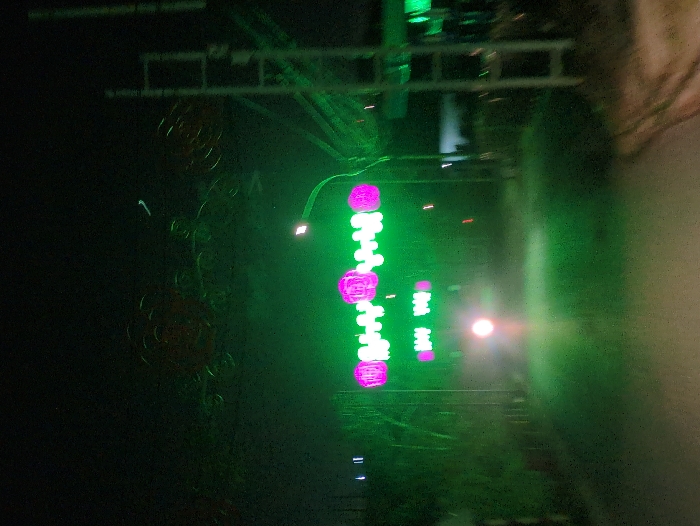 The image captures a nocturnal scene in Dalat, Vietnam, centered on a decorative archway spanning a paved road. The archway is illuminated with neon-like LED lights, featuring an upper row of prominent circular pink motifs, strongly resembling stylized flowers, alternating with linear green light patterns. A second, less distinct row of similar green and pink lights is visible below. Above the main illuminated arch, faint, dark curvilinear decorative elements are discernible against the dark sky. To the right of the archway, a single street light on a curved pole casts a white light. In the distance, centered beneath the archway, a bright white headlight indicates an approaching vehicle. To the far right of the frame, a vertical, multi-tiered metal support structure is partially visible. The paved road surface reflects a green hue from the archway lights, and an unpaved shoulder borders the road on the right. No individuals are visible.