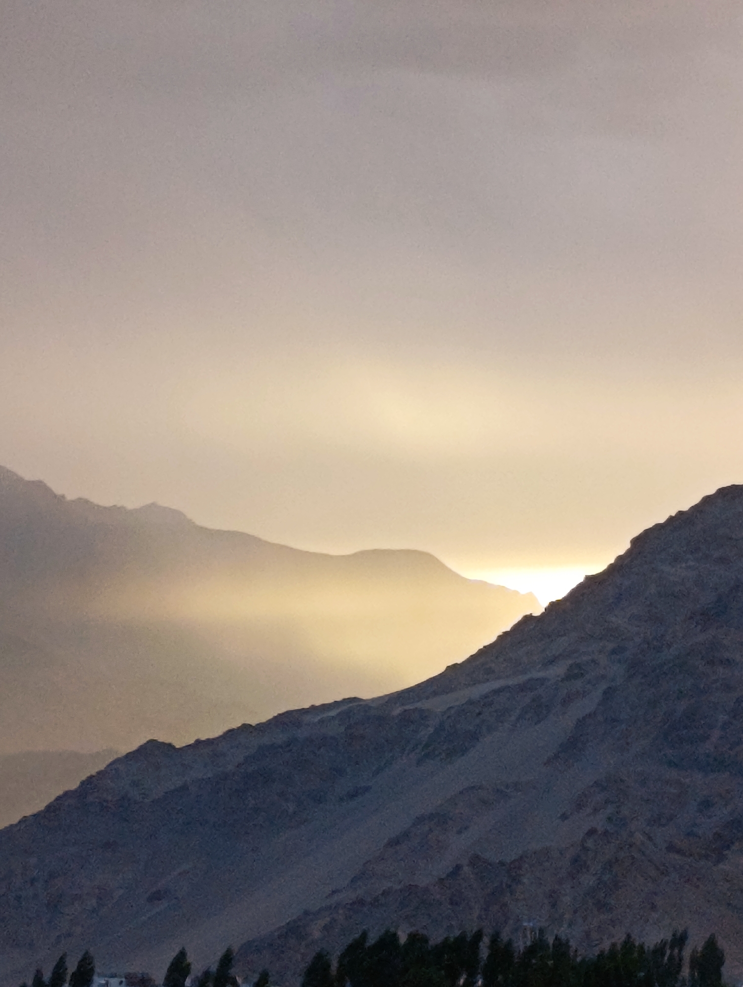 The image shows a mountain range at sunset or sunrise, with the sun obscured by clouds and the peaks casting long shadows. The sky is a gradient of pale yellow and gray. The mountains are dark and rugged, with visible textures of rock and soil. In the foreground, silhouetted trees are visible, and what appears to be a small settlement at the base of the mountains. The scene captures a serene and majestic natural landscape. This view is consistent with the mountainous terrain surrounding Leh, India, known for its dramatic sunrises and sunsets over the Himalayan peaks.