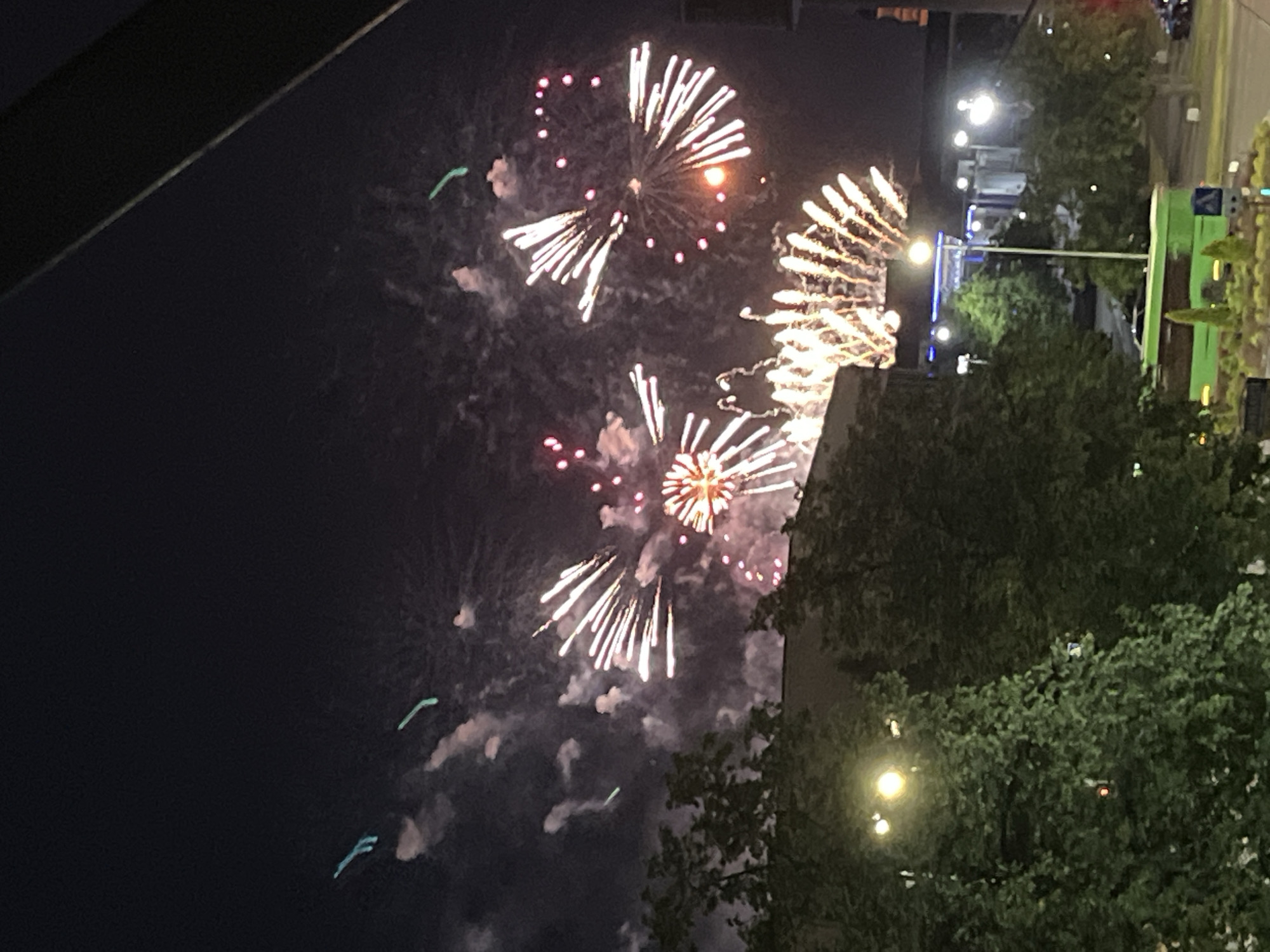 This is a nighttime photograph of a fireworks display occurring over a city landscape. The sky is dark, illuminated by various explosions of light from the fireworks. Some fireworks are in the form of bursts with long, radiant streaks of light, while others are more spherical with trailing sparks. There are also a few thin, green, curved lines in the sky, possibly trails from rockets or other pyrotechnics.
In the foreground, the tops of lush green trees obscure a portion of the lower part of the image. Beyond the trees, a building with windows is visible, and further in the distance, more structures and streetlights can be seen. A bright, yellow streetlight is prominent among the trees. The overall scene suggests a celebratory event taking place in a populated area.
The request mentions the city of Brest, Belarus, but there are no specific visual cues in the image that definitively confirm this location.