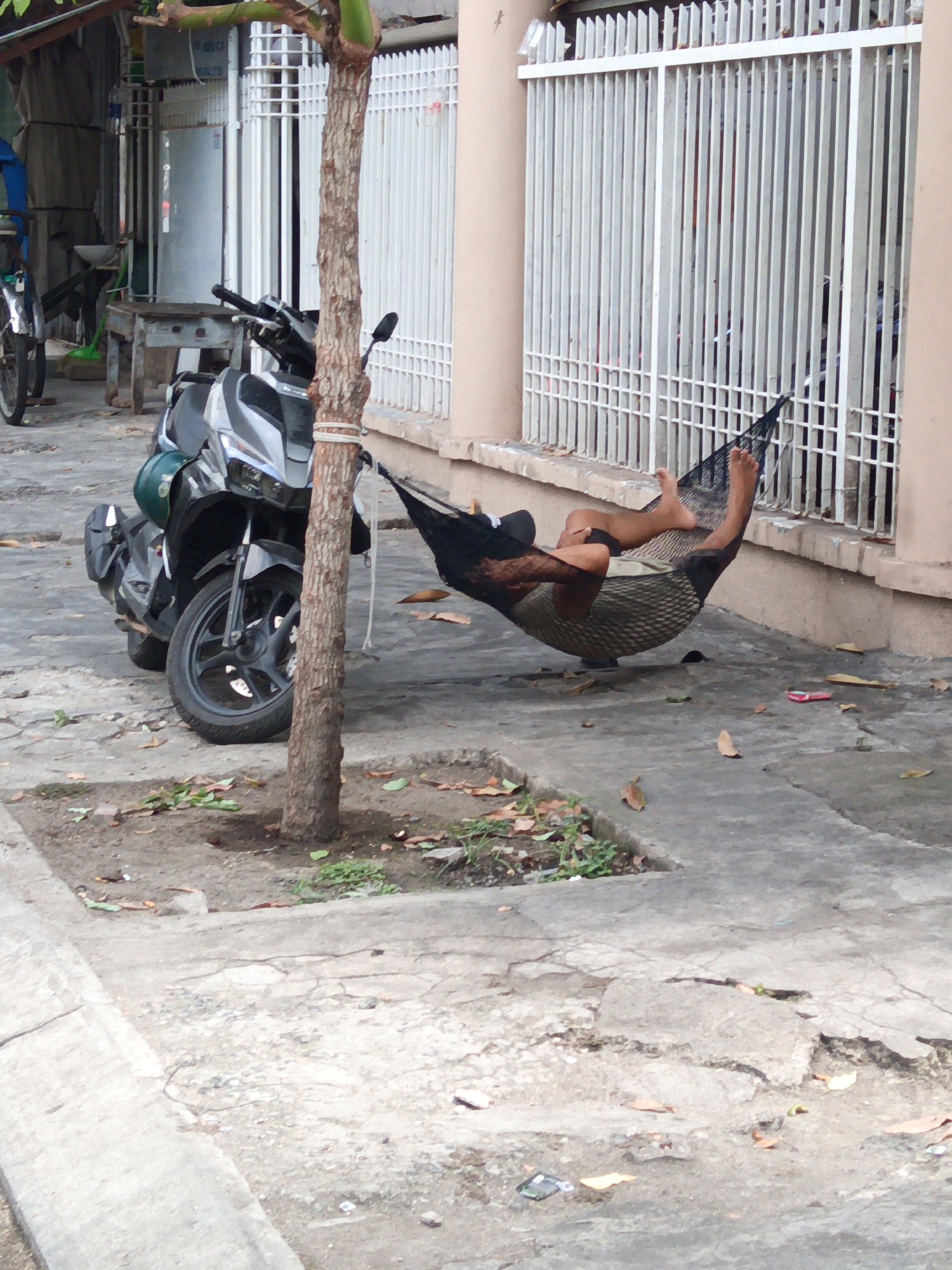 The image depicts an outdoor scene in Nha Trang, Vietnam, likely a residential or commercial area. In the foreground, a concrete pathway with some cracks and scattered leaves is visible. To the left, a motorcycle is parked, its front wheel and handlebars prominent. A small tree with a textured bark stands centrally, with a black hammock suspended from it and attached to a nearby structure, which appears to be a metal grate or fence. A person is lying in the hammock, wearing a dark hat and facing away from the camera, with their legs and feet extended upwards. The background features a building with a pale wall and a white vertical slatted fence. The overall impression is one of a relaxed moment in a common urban setting.