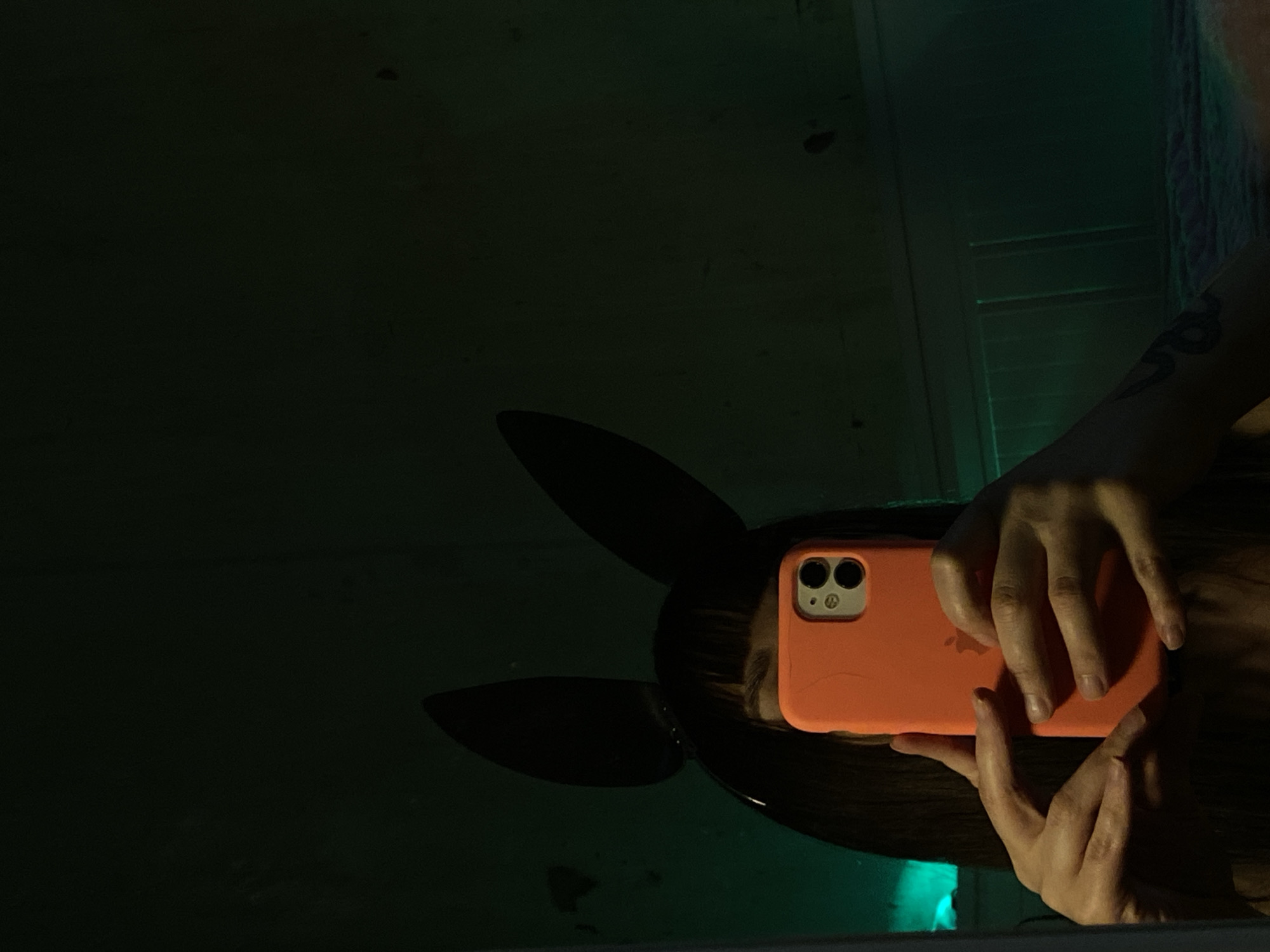 The image shows a person reflected in a mirror, holding a phone in their hands. The phone has an orange case. The person is wearing what appears to be a bunny ears headband. Part of the person's arm with a tattoo is visible. The background is dark with some green lighting present. Location information regarding Votkinsk, Russia, is unavailable in the image.