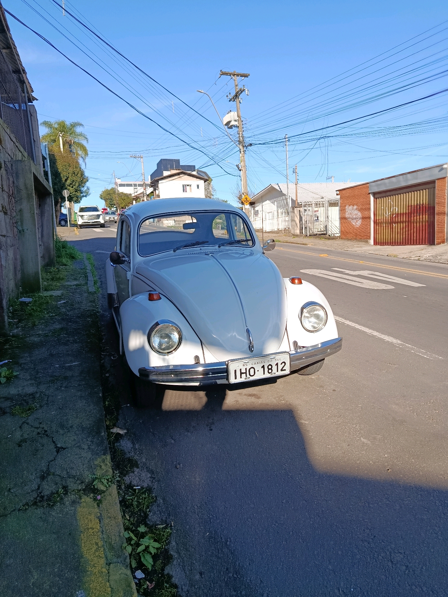 A white classic Volkswagen Beetle is parked on the right side of a paved street in Caxias Do Sul, Brazil. The car is angled towards the camera, with its front facing slightly left. The license plate reads "IHO - 1812 RS - CAXIAS DO SUL". A shadow of the car is cast on the street. To the left of the car, a cracked sidewalk with overgrown grass and a yellow painted line is visible. Across the street, there are houses, a brick building with a large metal garage door, and utility poles with many overhead wires. The sky is clear and blue, suggesting a sunny day. The scene appears to be a residential or mixed-use urban area.