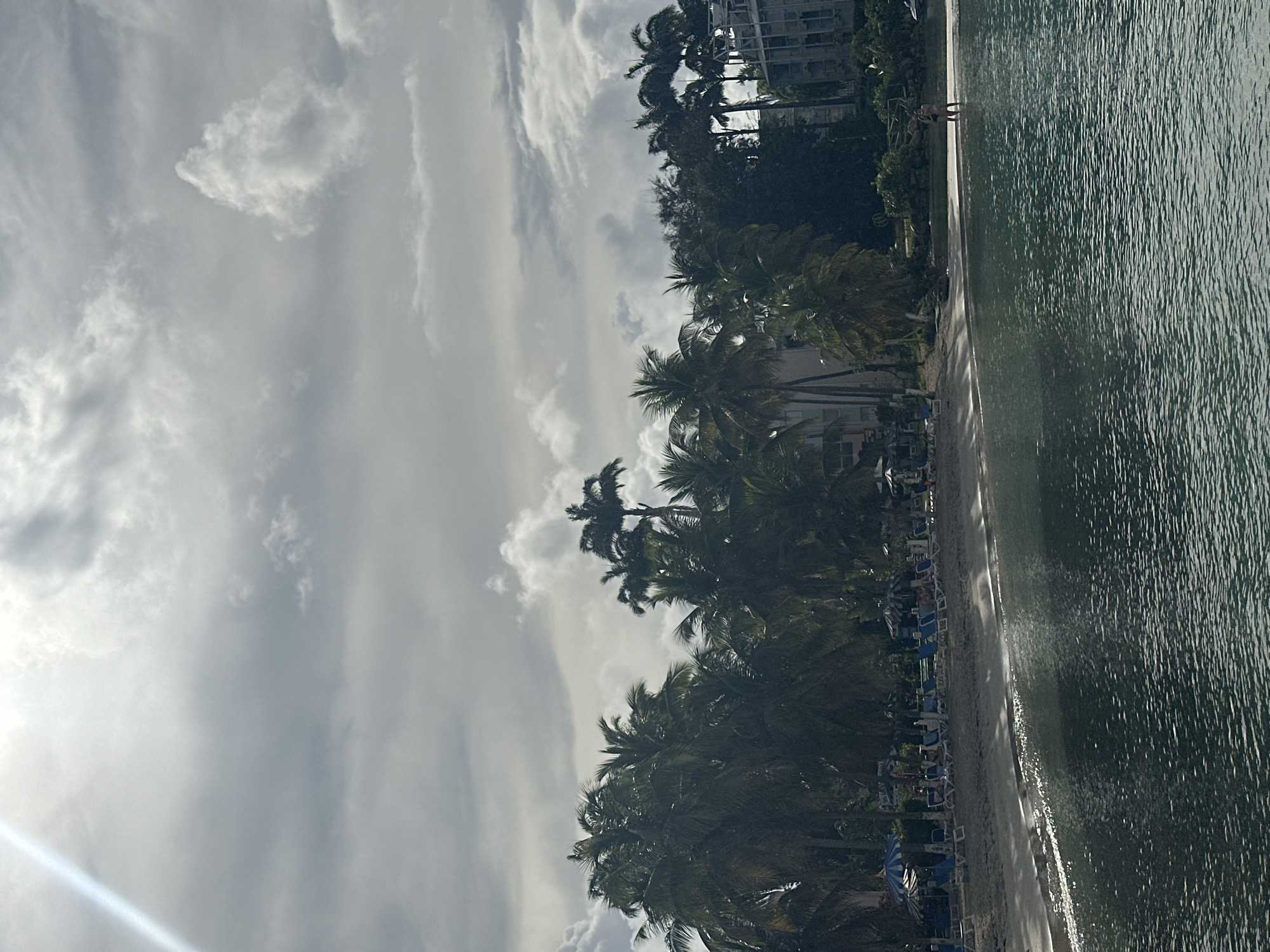 The image shows a coastal view, likely taken at Le Gosier, France. Palm trees line a sandy beach, with a building visible in the background. Beach chairs and umbrellas are set up on the sand. The water's surface is textured, and a cloudy sky covers the scene.