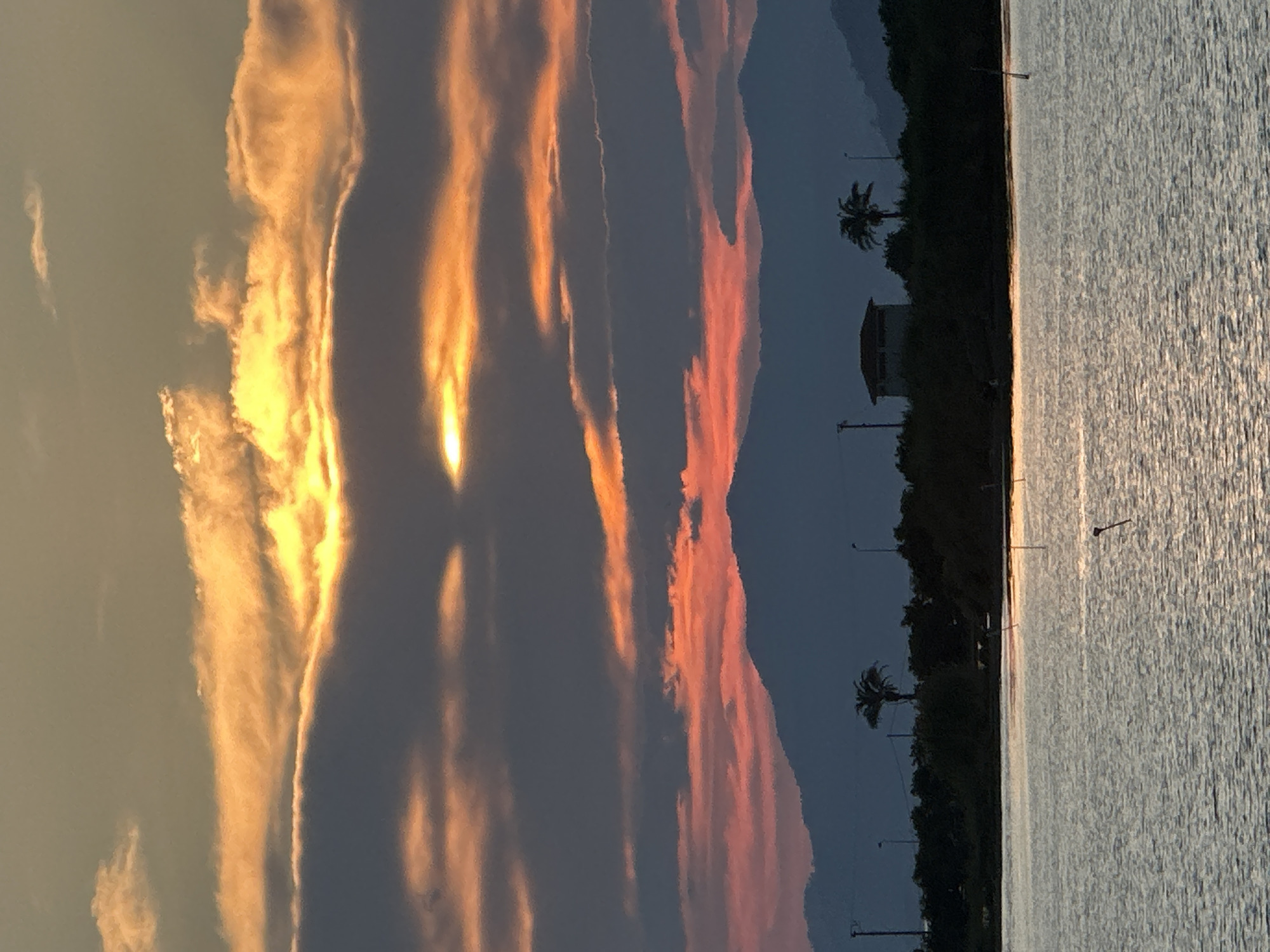 The image shows a sunset over water, likely a bay or harbor, with a landmass in the middle ground. The sky features dramatic cloud formations, with a mix of dark, gray clouds and areas illuminated by golden and orange light from the setting sun. The water reflects some of the light, creating a shimmering surface. The landmass is lined with trees, including palm trees, and some buildings are visible amongst the foliage. The light suggests a location with clear air and good visibility. The image is in Fethiye, Turkey.