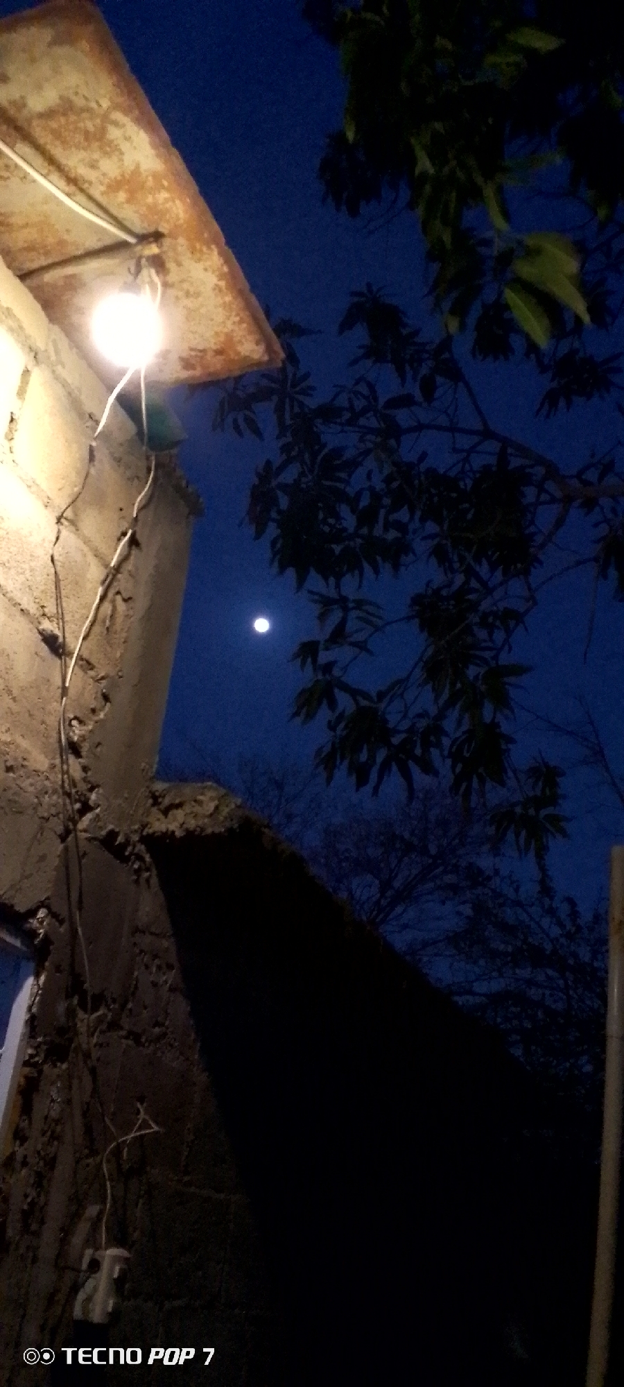 A dim, outdoor scene at night in Altagracia, Venezuela. A lit bulb hangs from a weathered structure, casting a glow on the rough concrete. A tree with visible leaves frames the right side of the image, partially obscuring a bright dot in the dark blue sky, possibly the moon. The foreground contains a section of shadowed structure, and a white pole is seen on the right edge. A "TECNO POP 7" watermark is visible in the lower-left corner.