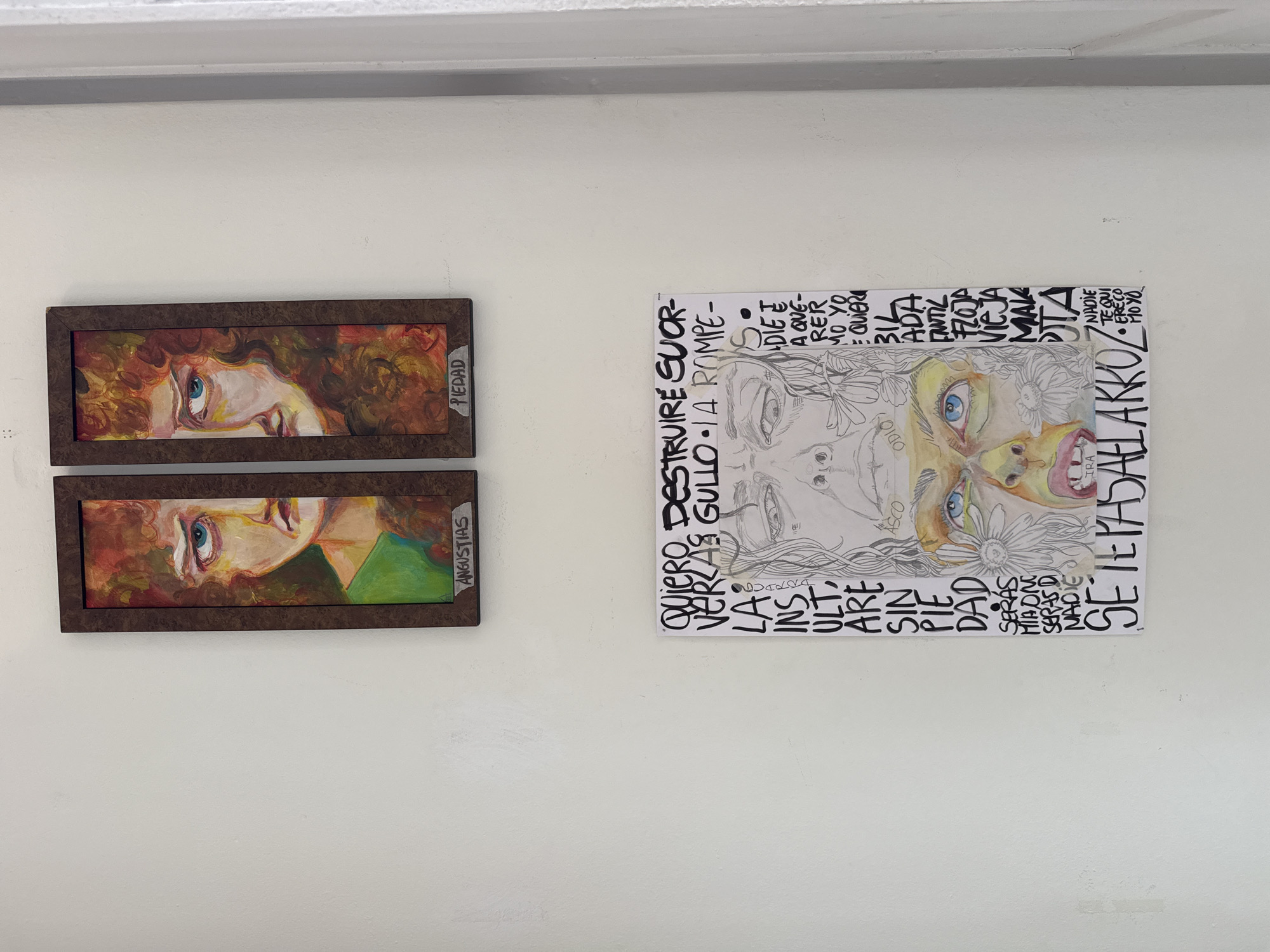 The image shows two framed artworks hanging on a white wall. The top artwork is a diptych, with each frame containing a portrait of a face. The left portrait, labeled "ANGUSTIAS," depicts the left half of a face with blue eyes, a green shirt, and auburn hair. The right portrait, labeled "PIEDAD," shows the right half of a face with blue eyes, auburn hair, and a surprised expression. Both portraits are painted in a colorful, expressive style.
Below the diptych is a larger, vertical artwork. This piece is a mixed-media collage and drawing. It features a central drawing of a face, split into halves, with the top half rendered in a sketch-like style and the bottom half featuring a close-up of eyes and a mouth, colored in bright yellow and blue. Around the central drawing, there are handwritten phrases and words in Spanish, such as "QUIERO DESTRUIRE SUOR-VERLAS GULLO-LA ROMPE-" and "NADIE TE QUIERE ERECO MO YO."
The overall setting appears to be an indoor wall, possibly in a gallery or a home. The lighting is even, suggesting artificial light. The image was taken from a slightly elevated angle. This image is a photograph of artwork displayed on a wall.
The location of this image is not discernible from the image itself. However, it is mentioned as being in the city of Oviedo, Spain.