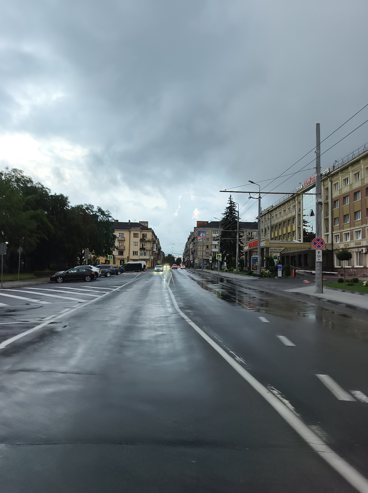 The image depicts a street scene in Ternopil, Ukraine, on a cloudy, possibly rainy day. The wet asphalt road reflects the overcast sky and the surrounding buildings. Several cars are visible, parked along the side of the road and in motion. Buildings line both sides of the street, with trees and greenery interspersed. On the right side of the street, a multi-story hotel with a prominent sign is visible, along with a traffic sign indicating a speed limit of 30 km/h. The overall atmosphere suggests a typical urban environment under challenging weather conditions.