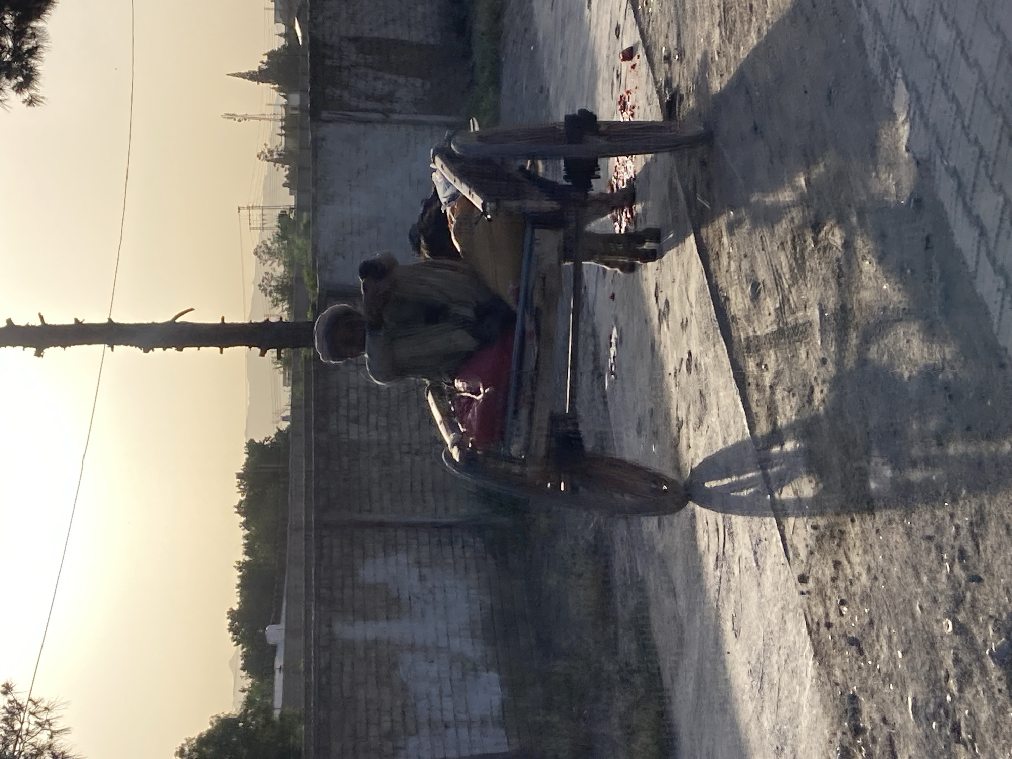 In Quetta City Tehsil, Pakistan, a man wearing a gray cap, a green shirt, and red pants is seated on a wooden cart with two wheels. The cart is on a paved surface, likely a street or road. A second person is partially visible on the cart behind the seated man. The background includes a brick wall, trees, power lines, and buildings under a hazy, bright sky. The scene appears to be taken at sunset or sunrise.