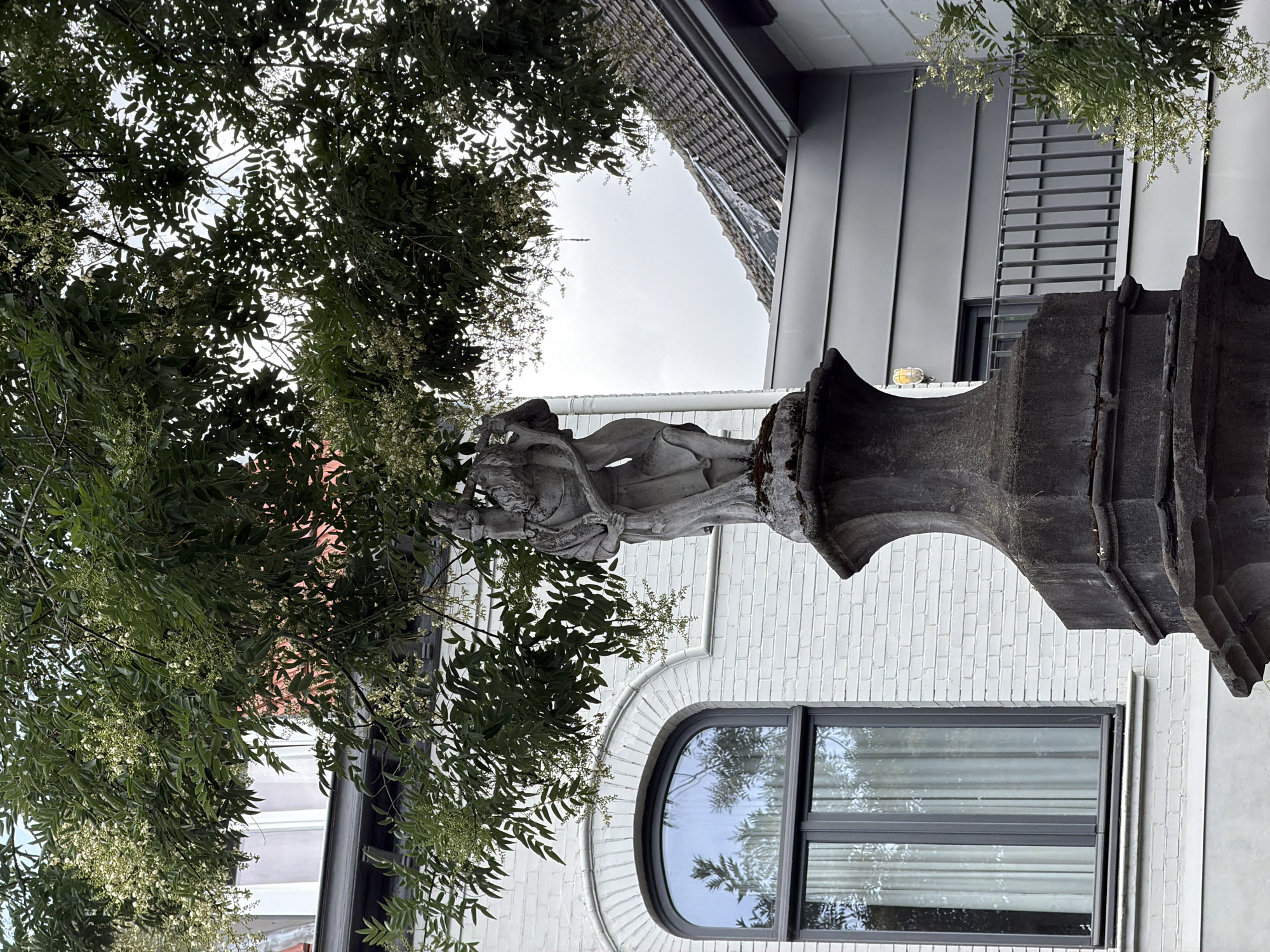 This image depicts a statue of two figures embracing, situated atop a stone pedestal. The statue and pedestal are made of weathered stone, showing signs of age and moss growth. Behind the statue, a white brick building with an arched window is visible. The window has a dark frame and sheer curtains. A tree with green leaves and small white flowers partially obscures the statue and the building. To the right of the statue, a modern building with grey siding and a metal railing is present, with a tiled roof extending into the background. The sky is overcast. The image appears to be taken from a low angle, looking upwards towards the statue and the tree. This scene is located in Roermond, Netherlands, specifically at the Roermond Municipal Museum.