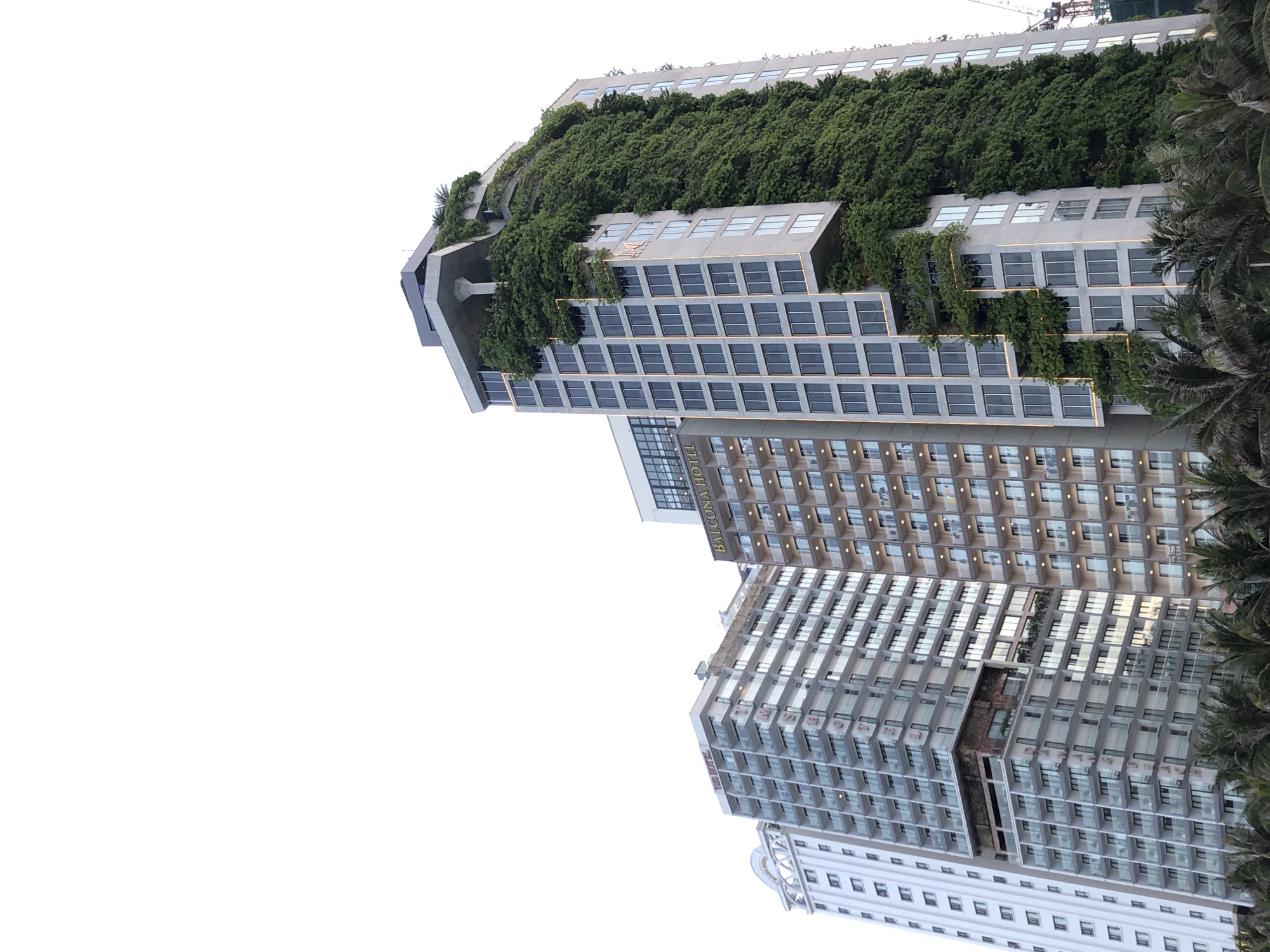 The image shows a cluster of modern high-rise buildings against a bright, overcast sky in Đà Nẵng, Vietnam. The buildings are varied in design, with one prominent structure on the right extensively covered in lush green foliage, creating a vertical garden effect. This building features a light gray facade with numerous windows and appears to be a hotel, as indicated by the "BALCONA HOTEL" signage visible on its side. To the left of this green-covered building are two other tall buildings, also with many windows and balconies. The leftmost building has a white facade with arched decorative elements at the top. The lower portion of the image reveals the tops of palm trees, suggesting a tropical or subtropical coastal location. A construction crane is partially visible in the far right background, indicating ongoing development in the area. There are no people visible in the image. The overall scene depicts a contemporary urban landscape with a focus on architectural design and the integration of nature.