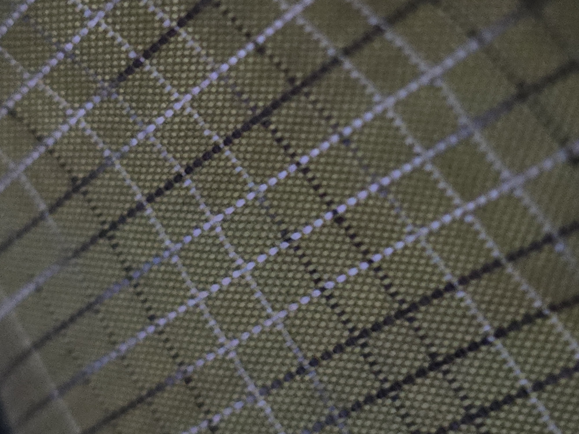 The image displays a close-up, slightly blurry view of a fabric with a plaid pattern. The dominant color is a muted olive green, interwoven with thin white and darker gray or black lines that form a grid. The fabric appears to have a woven texture, with small, uniform dots visible within the grid squares. The lighting creates shadows and highlights, emphasizing the textured surface of the material. The image is abstract and lacks any recognizable features of a city or specific location.