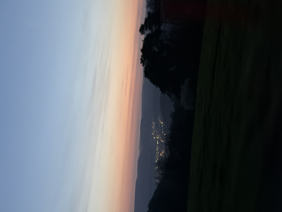 The image presents an elevated, panoramic view of the city of Saarburg, Germany, nestled within a valley during twilight. The sky occupies the upper two-thirds of the frame, displaying a gradient of colors: light blue at the zenith transitions to a soft orange-pink band in the middle, fading to darker purplish hues near the horizon. Faint, horizontal cloud streaks are visible against this gradient.
In the mid-ground, several layers of dark, undulating hills and mountains form a natural amphitheater. Within a prominent valley among these hills, the city of Saarburg is delineated by numerous scattered bright, yellow-orange artificial lights, indicating urban habitation. These lights are somewhat soft-focused.
The immediate foreground consists of a dark, inclined expanse of land, appearing as a deep green or black mass, consistent with a grassy hillside or field. On the right side of the mid-ground, a dense cluster of dark trees is silhouetted against the sky. Further left, a smaller, lighter-colored, indistinct bushy form is discernible against the darker background. No individuals, specific actions, or distinct man-made objects are visible in the foreground or mid-ground. The overall lighting suggests either dusk or dawn.
