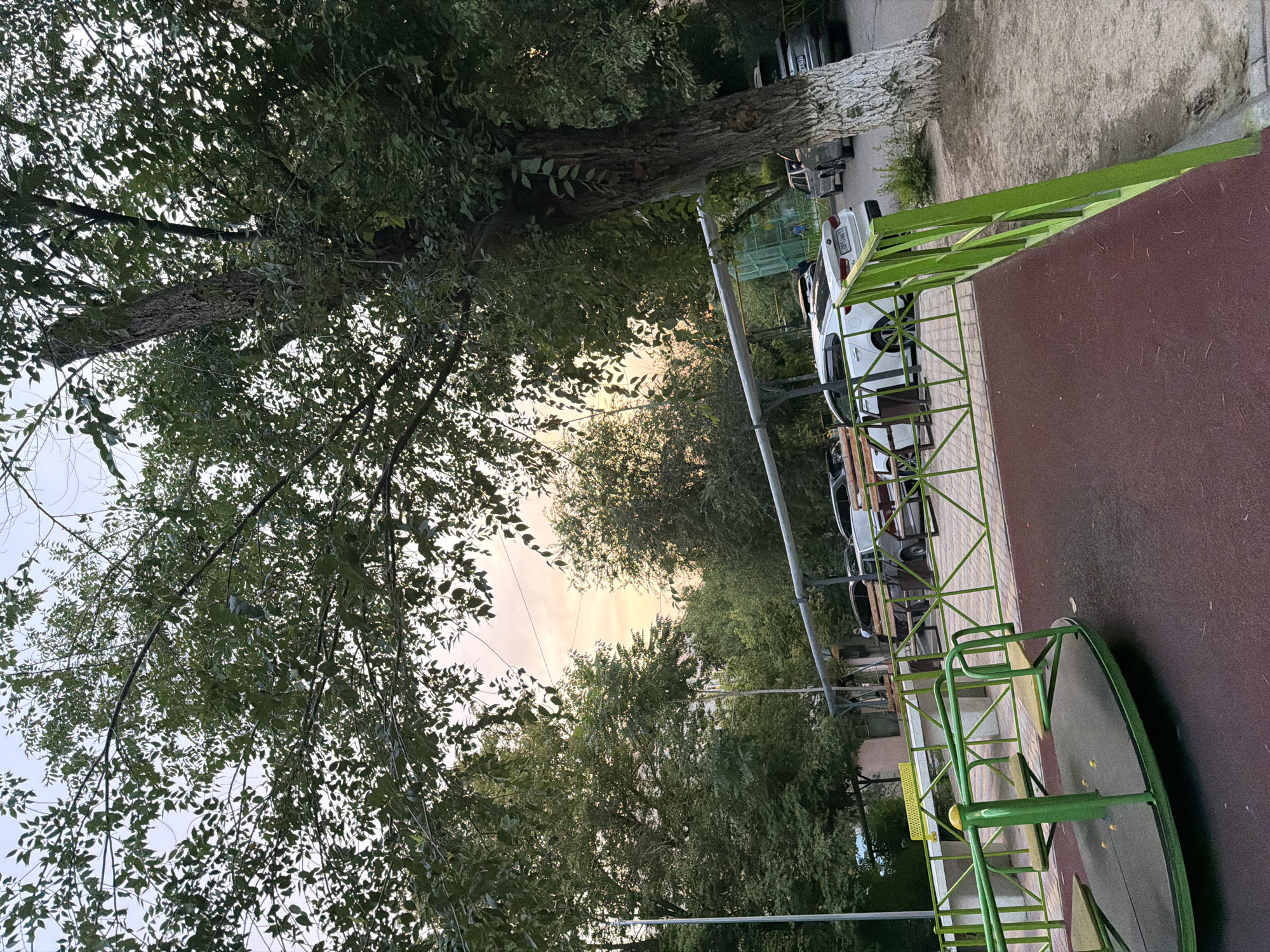 The image depicts a playground with a merry-go-round and a green metal fence in the foreground. Behind the playground, a row of parked cars is visible, with a large tree on the right side of the frame. The sky is a soft gradient of pink and pale blue, suggesting either dawn or dusk. In the background, more trees and buildings are present, indicating an urban or suburban setting. The scene is likely located in Shymkent, Kazakhstan, given the context provided.