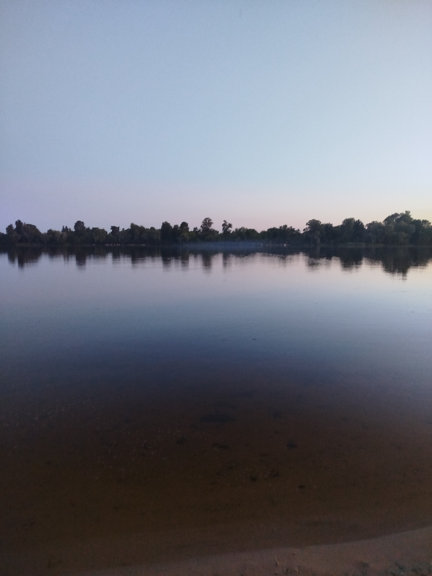 A serene landscape photograph depicts a wide, calm body of water reflecting a treed shoreline under a pale, dusky sky. The sky transitions from a soft, light blue at the top to a faint pinkish hue near the horizon. The water is dark and still, with a subtle gradient of color, darker in the foreground and lighter towards the reflection of the sky. The reflection of the trees on the opposite bank is clearly visible, creating a mirror image of the natural landscape. The shoreline appears to be a sandy or earthy bank, visible in the very bottom of the frame. The overall impression is one of tranquility and natural beauty, possibly at dawn or dusk.