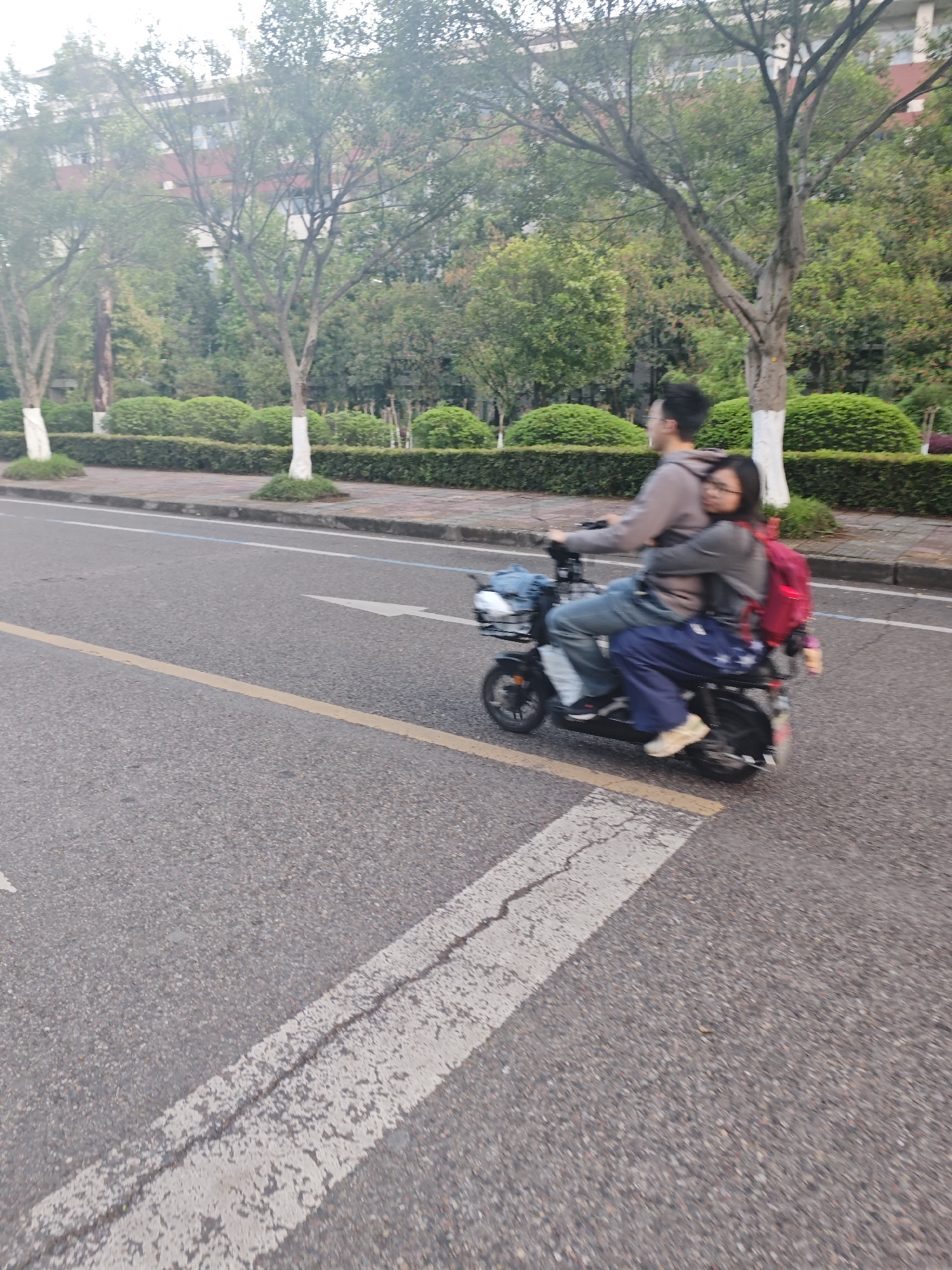 A medium, blurred shot depicts a man and a woman riding on a black electric scooter along a paved road. The man is driving, wearing a light brown hooded sweatshirt and jeans. The woman is riding behind him, wearing a gray jacket, a blue skirt, and a red backpack. Green trees and bushes line the side of the road behind them. In the background, there is a building, and trees with painted white trunks. The scooter is moving over a pedestrian crossing. Based on visual cues, this scene is located in the Chongqing High-tech Zone, China.