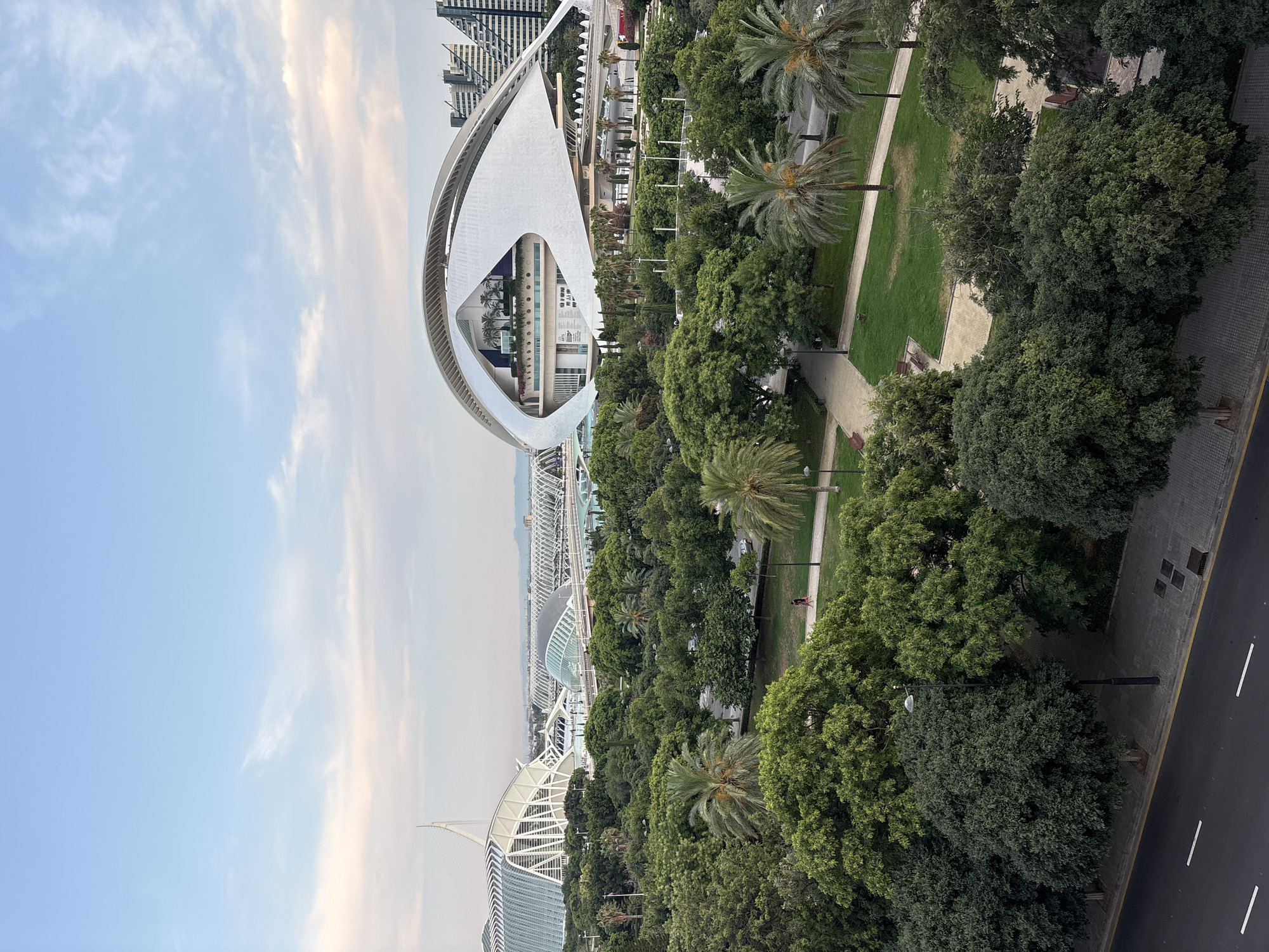 This is a high-angle, full-shot, vertical photograph of the City of Arts and Sciences in Valencia, Spain, taken on a clear day with a few wispy clouds in the sky. The foreground consists of a tree-lined park with paved walkways and green grass. In the mid-ground, the distinct, futuristic architecture of the City of Arts and Sciences complex is visible, including the Hemisfèric (an IMAX cinema, planetarium, and laserium), the Príncipe Felipe Science Museum, and the Palau de les Arts Reina Sofía opera house. The background shows more of the city skyline and distant hills. A couple of people can be seen walking in the park. The lighting suggests it is either early morning or late afternoon.