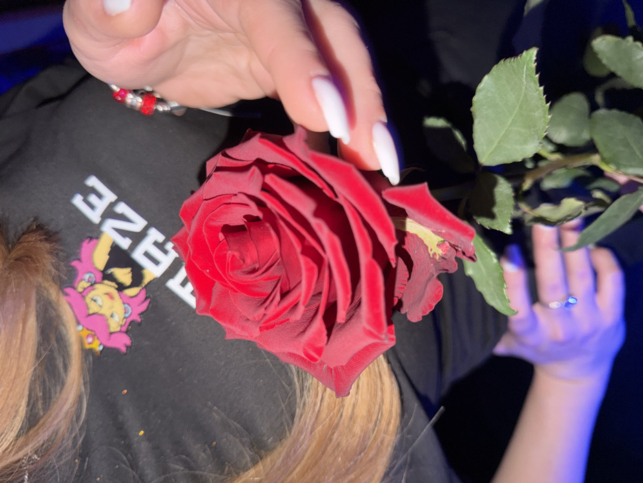 A dimly lit, close-up image captures an individual holding a single red rose, consistent with an indoor venue setting in Varna, Bulgaria.
The subject's upper torso is visible, clad in a black long-sleeved shirt featuring a graphic print of a pink-haired, crowned female cartoon character with a black top, alongside the partially visible white capital letters "MAZE." Long, light brown hair frames the upper left of the frame. The subject's right hand, prominent in the foreground, grasps the stem of a deep red rose. This hand displays white ombre nails and a silver-toned bracelet adorned with multiple red spherical beads on the wrist. The left hand, partially obscured and illuminated by a blue light source in the lower left, also supports the rose stem and wears a ring with a light-colored stone.
The central object is the single, fully bloomed, deep red rose, exhibiting tight, rich petals. The lower outer petals and sepals show minor discoloration. The rose stem, with green leaves, extends downwards. The background is dark and indistinct, with the blue light source providing the primary ambient illumination for the lower left quadrant of the scene. No specific landmarks or distinguishing features of Varna are visible within the frame.