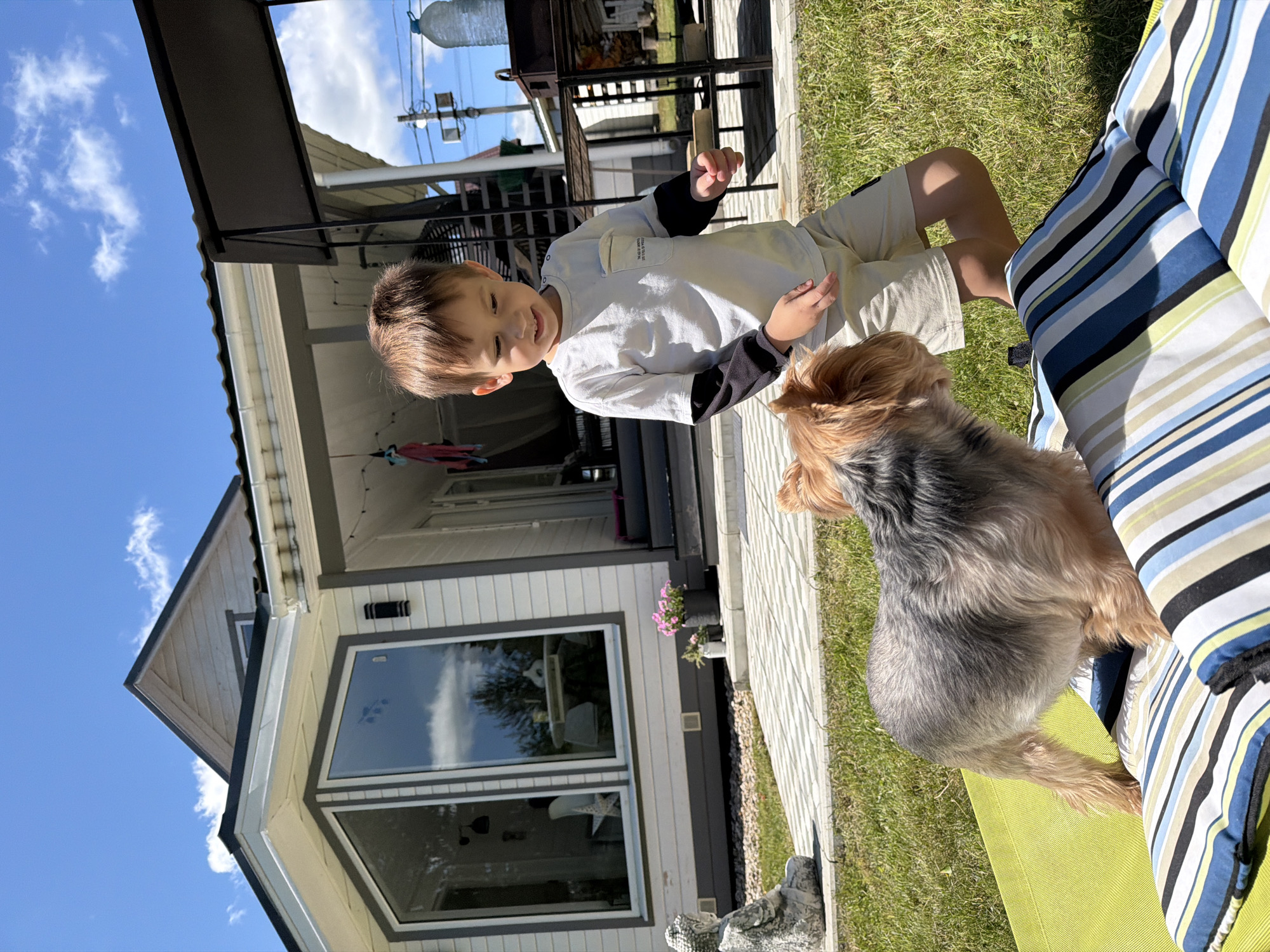 In the city of Aleshkino Dp, Russia, on a sunny day, a young boy in a white t-shirt with black sleeves and light-colored shorts interacts with a Yorkshire terrier. The boy is looking down at the dog, smiling. The Yorkshire terrier is standing on a striped cushion, which is on a green mat. Behind them is a modern, white house with a large window. In the background, there are trees, a barbecue grill, and a water bottle. The scene appears to be a backyard setting, with a paved area and a grassy lawn. The sky is blue with scattered white clouds.