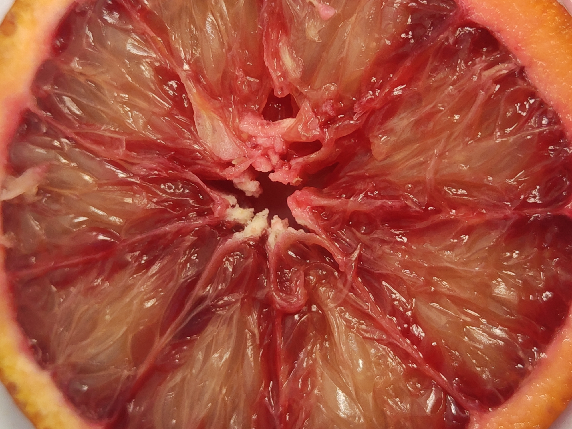 A close-up view of a sliced blood orange. The orange is sliced in half, revealing the fruit's pulp. The pulp is a mix of red and orange colors. The center of the orange has a small, white, fibrous core. The rind of the orange is a light orange color. The background is plain white. There is no evidence to suggest that the image was taken in Saint Petersburg, Russia, so no location will be listed in this description.