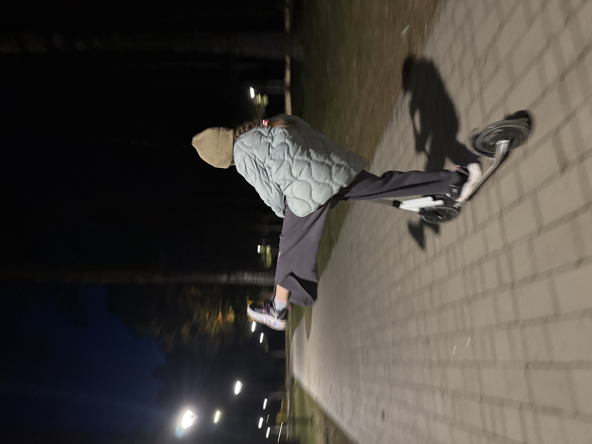 The image captures a person riding a kick scooter at night on a paved pathway. The perspective is from the side, with the individual in profile, facing towards the right of the frame.
The central subject is a person, likely a youth, wearing a light brown knitted beanie, a light grey quilted puffer jacket, and dark, loose-fitting pants. Their left foot is placed on the deck of the kick scooter, while their right foot is extended towards the ground, suggesting they are either pushing off or maintaining balance. Colorful sneakers are visible on their feet. Long, dark hair is tied back, with a small red or pink accessory visible near the back of the head.
The kick scooter is dark-colored, appearing to be black with silver or metallic accents on the handlebar stem and wheels.
The setting is an outdoor area, likely a park or sidewalk, illuminated by artificial light sources. The time of day is clearly night, with the sky completely dark. The pathway is made of rectangular paving stones or tiles, casting a muted grey tone. To the left of the pathway, there is dark vegetation or grass, and further in the background, several bright streetlights are visible, creating streaks of light and reflections. The artificial lighting casts a long, distinct shadow of the person and the scooter onto the paved surface behind them. No explicit weather conditions are discernible, but the night appears clear. There is no visible text in the image.
The activity depicted is an individual enjoying a night ride on a kick scooter.
Location context: Votkinsk, Russia.