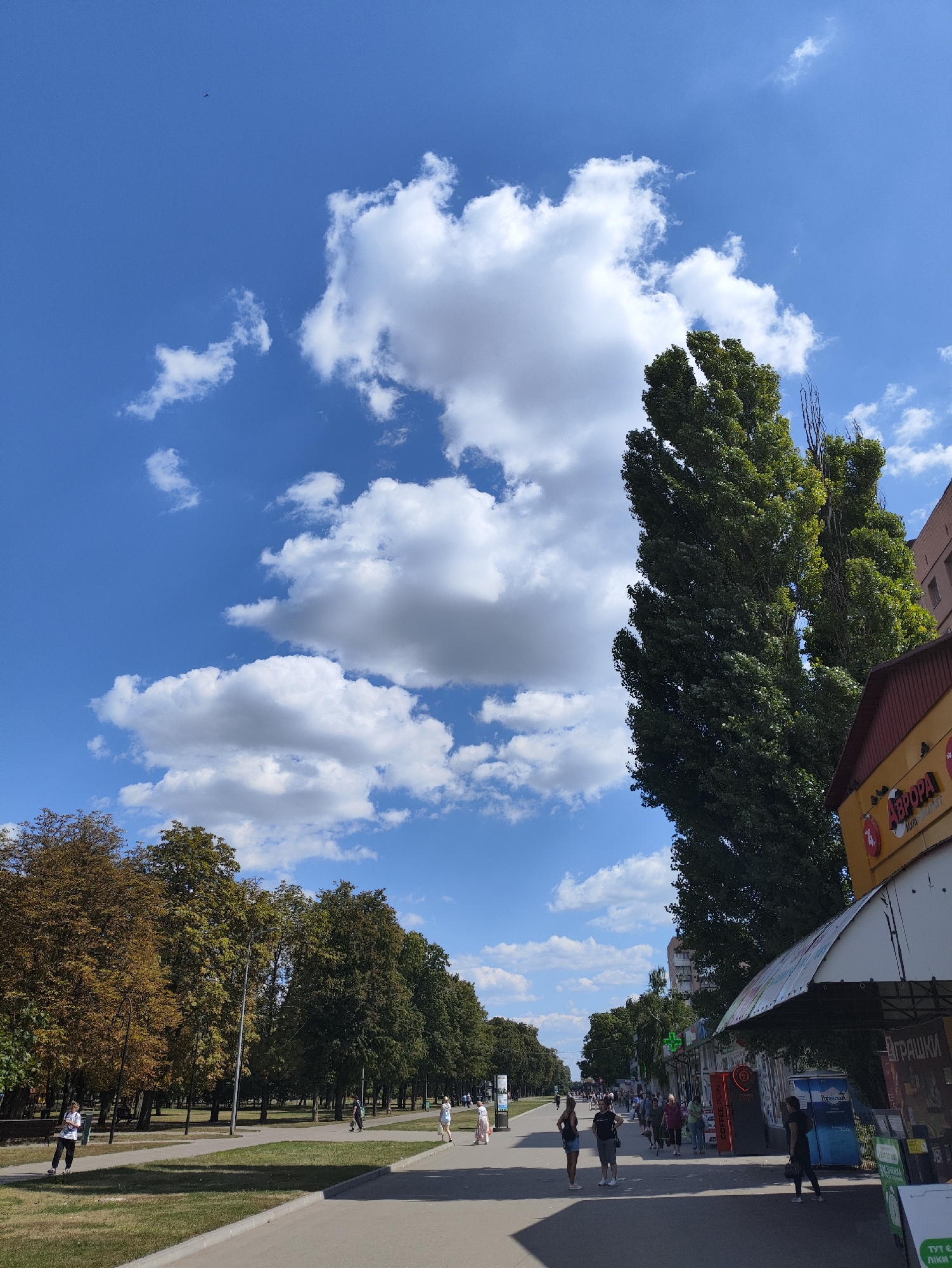 The image shows a sunny day in a city park with a clear blue sky and fluffy white clouds. A few people are walking along a paved path. On the right side of the image, there are shops with awnings. The trees in the park are green, and some have begun to change color. The overall scene suggests a pleasant day for outdoor activities. The scene appears to be located in Kharkiv, Ukraine, based on the presence of Cyrillic script on the shops.
