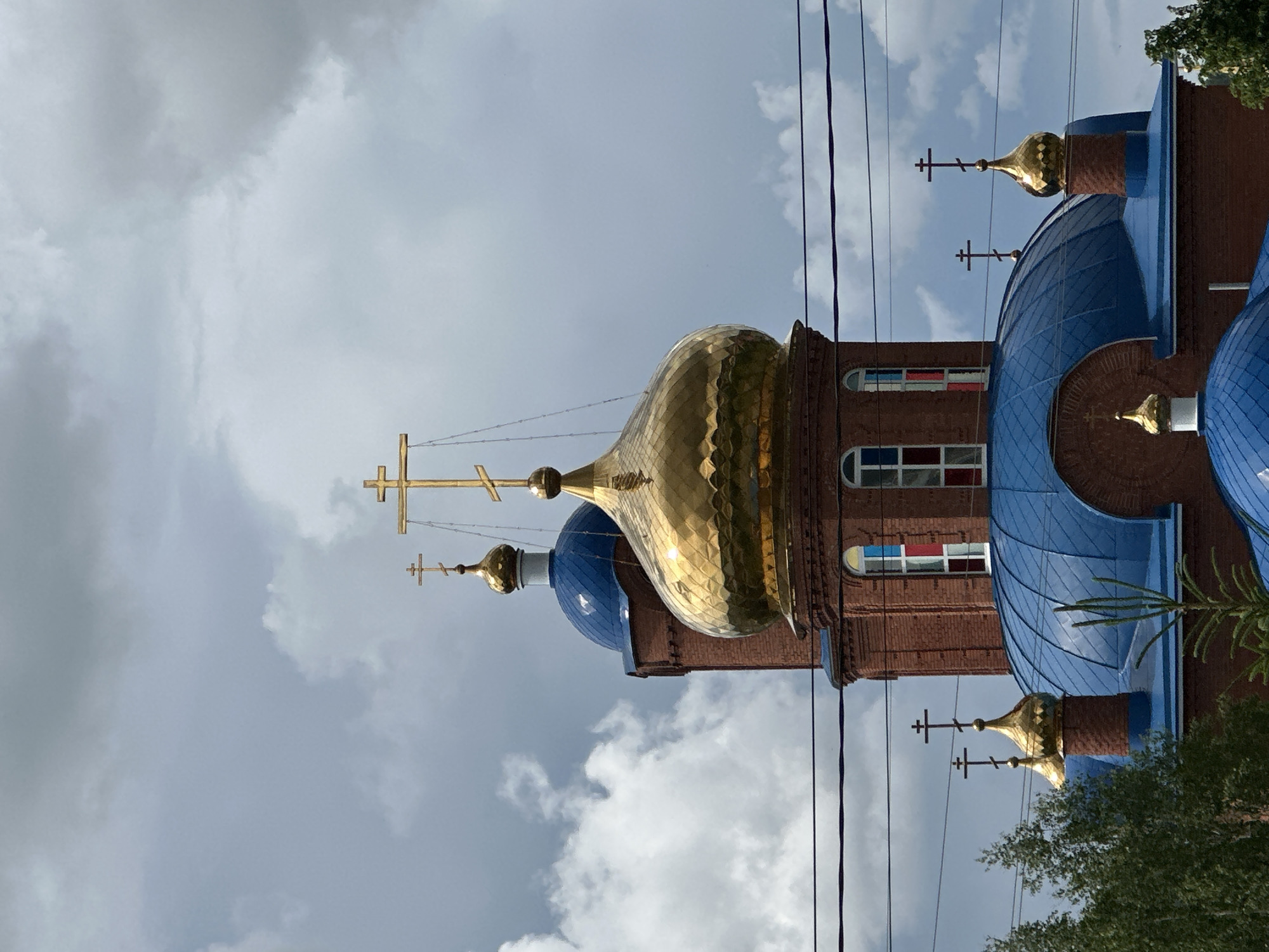 The image captures a partial view of an Orthodox church building, prominently featuring its distinctive architectural elements against a cloudy sky. The structure is built with reddish-brown bricks. Multiple domes (cupolas) are visible; some are a vibrant blue, featuring a tiled or scaled pattern, while others are dazzling gold, reflecting the light. Each visible dome is topped with a golden Orthodox cross.
The main golden dome, centrally located, is large and intricately textured, appearing to be covered in shimmering scales or panels. Below and to its right, a smaller blue dome is visible, with another golden cross. To the left, further blue domes and golden crosses recede into the background.
Several arched windows are set into the brick walls of the church. Some of these windows contain colored panes, reminiscent of stained glass in shades of red, blue, and white.
The sky overhead is predominantly cloudy, with various shades of gray and white clouds. Overhead utility wires or power lines traverse the upper portion of the frame, running horizontally and diagonally. A small amount of green foliage, likely from a tree, is visible in the lower right corner, extending slightly into the frame.
The image depicts a daytime scene, with sufficient light illuminating the church and its golden domes. No specific activity or people are visible, and there is no visible text. The overall impression is one of architectural beauty and religious symbolism.