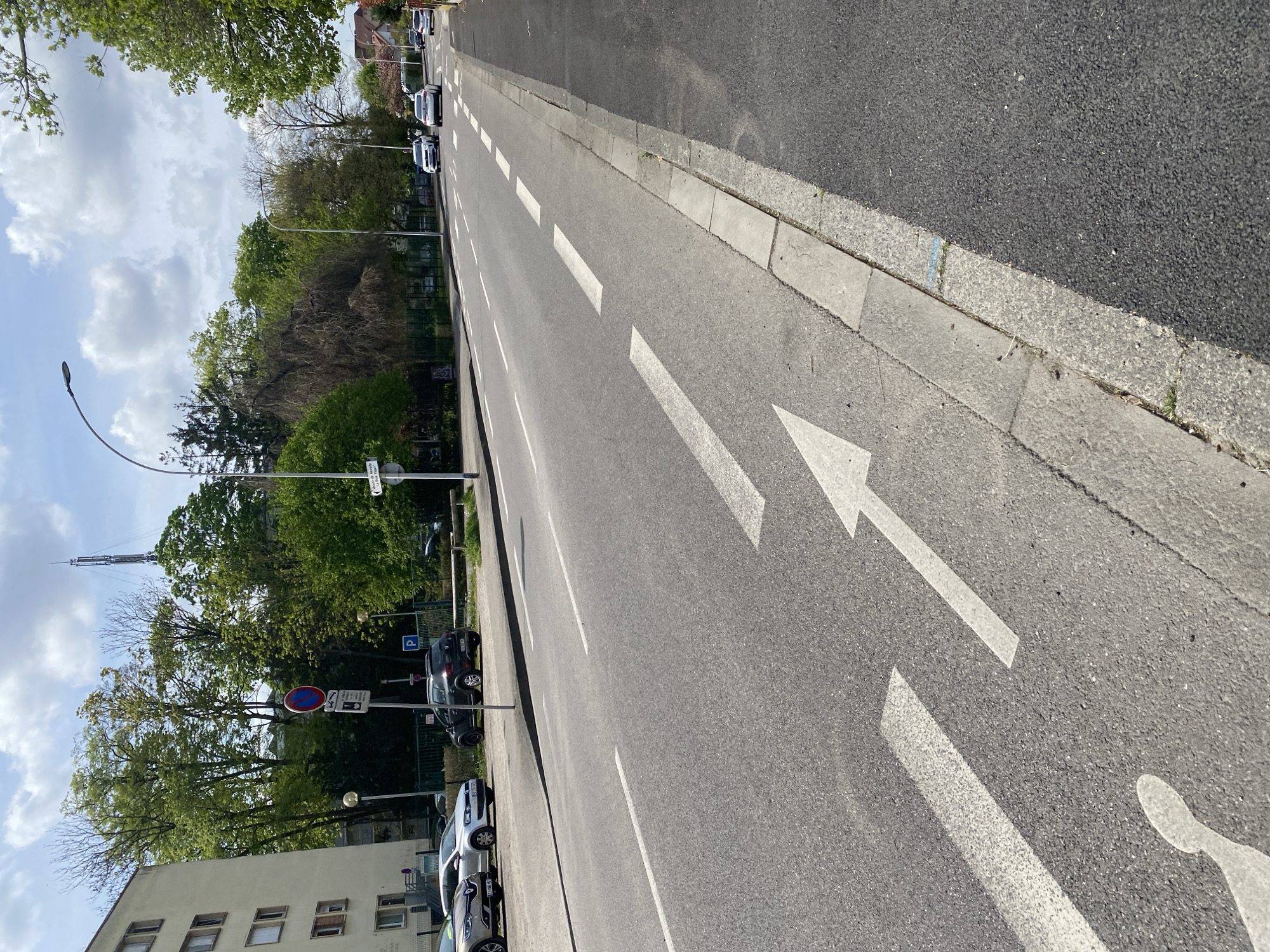 The image presents an urban street scene in Strasbourg, France, captured during daytime under a partly cloudy sky. The asphalt road stretches into the distance, marked with clear white dashed lines separating lanes and prominent white arrows indicating traffic flow away from the viewer. A white bicycle symbol is visible on the road surface in the foreground, suggesting a dedicated or shared lane for cyclists.
On the left side of the street, several cars, primarily compact models, are parked along the curb. Beyond the parked vehicles, a varied line of trees, some with full green foliage and others appearing sparser, creates a natural barrier. Further down the street on this side, a multi-story building with numerous windows is visible. Two streetlights with distinctly curved poles are positioned along the left side. In the background, a tall, slender antenna or telecommunication mast rises above the trees.
Several road signs are present, including a blue square sign with a white 'P' indicating parking, and a red circular sign with a blue background and a red diagonal line, signifying "No Stopping" or "No Standing." Below this sign, a rectangular sign is partially legible, appearing to display the street name "Av. de Molsheim." Another similar rectangular street sign is visible further down the road.
The scene is static, with no people or moving vehicles visible, conveying a sense of calm. Concrete curbstones delineate the edge of the road. The bright and even lighting suggests it is mid-morning or early afternoon.