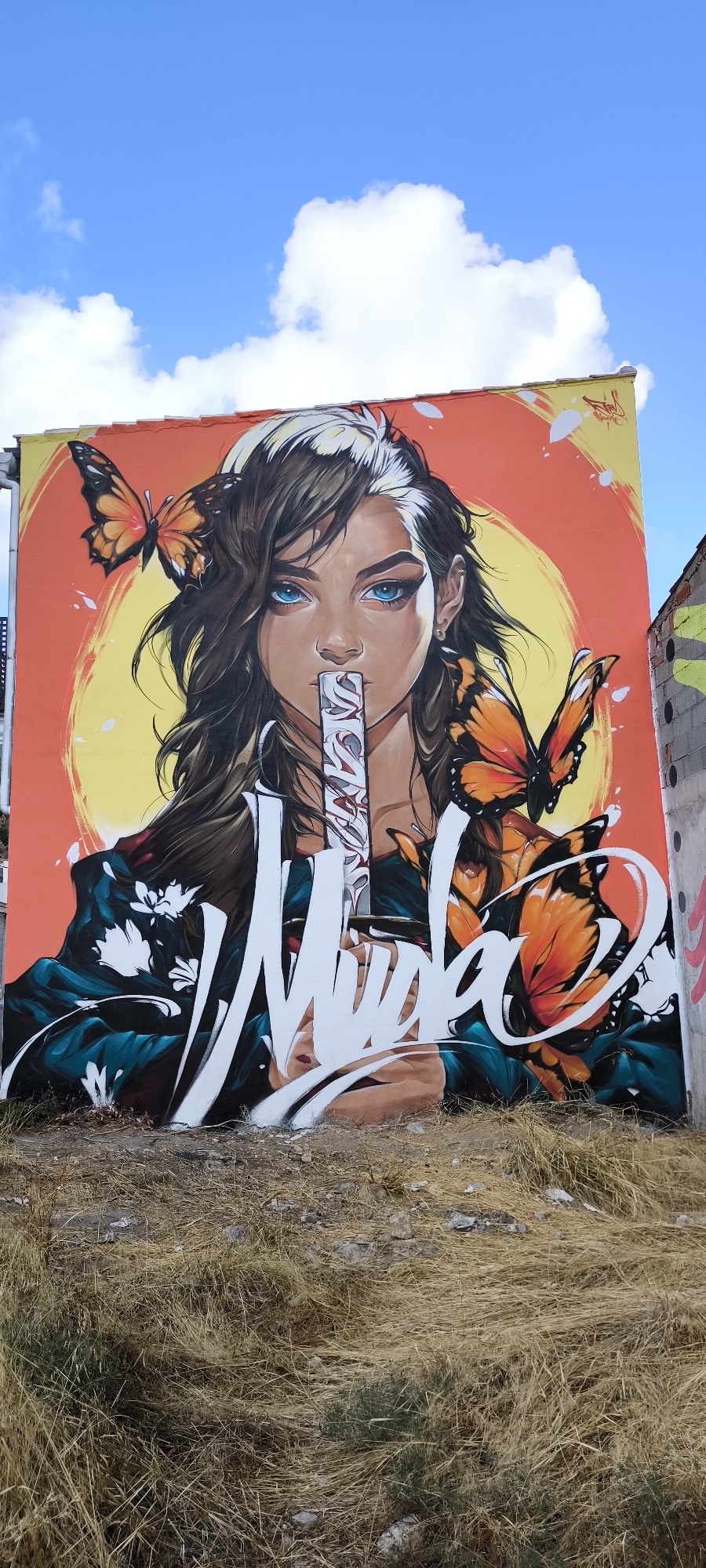 The photograph shows a large, vibrant mural painted on the side of a building. The mural depicts a stylized portrait of a young woman with striking blue eyes, long, dark hair with streaks of blonde, and dramatic eye makeup. She is holding a white object with Japanese characters or symbols in front of her mouth. Two orange and black monarch butterflies are prominently featured, one near her left temple and another on her right side. The background of the mural is a gradient of warm orange and yellow, with white brushstroke-like elements. The woman is wearing a dark teal garment with white floral patterns. Large white graffiti lettering, possibly a name or word, is painted across the lower portion of the mural. The mural is located in Fanzara, Spain, a town known for its street art. The foreground of the image consists of dry, yellowish grass and scattered stones, indicating an outdoor, possibly somewhat unkempt, environment at the base of the wall. The sky above is blue with scattered white clouds. To the right of the main mural, a section of a concrete building with some green graffiti is visible.